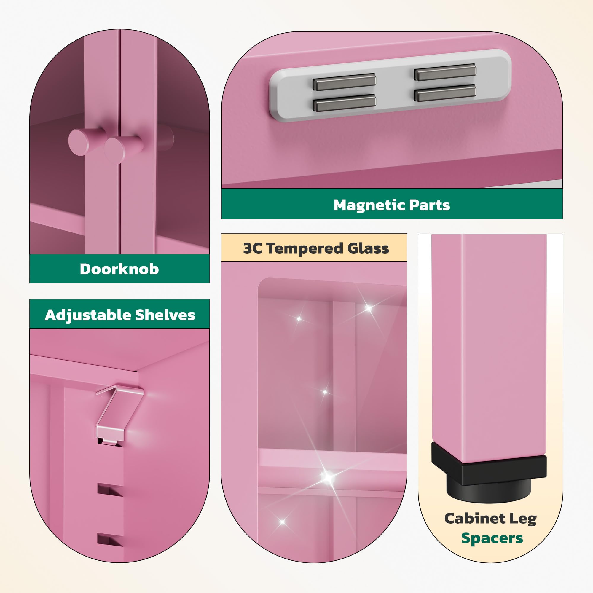 Greenvelly 5-Tier Glass Display Cabinet, Pink Metal Display Cabinet with Glass Doors, 67" Tall Curio Cabinet with Tempered Glass Doors for Home Office, Living Room, Pantry