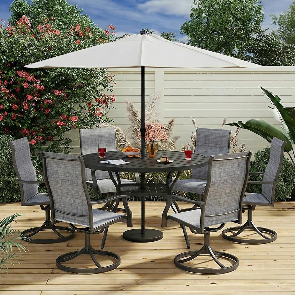 KWKSV 55.1 Inch Outdoor Dining Table for 6 – E-Coating Metal Round Patio Table with Adjustable 1.57" Umbrella Hole, All-Weather Table for Porch, Garden, Backyard, Poolside, Lawn