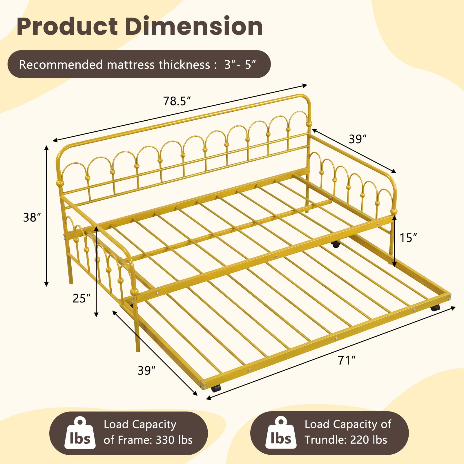 Giantex Twin Daybed with Trundle Gold, Metal Day Bed with Convenient Pull-Out Trundle Bed, Metal Slats, Lockable Universal Wheels, 2-in-1 Daybed Bed Frame for Guest Room, Living Room, Bedroom
