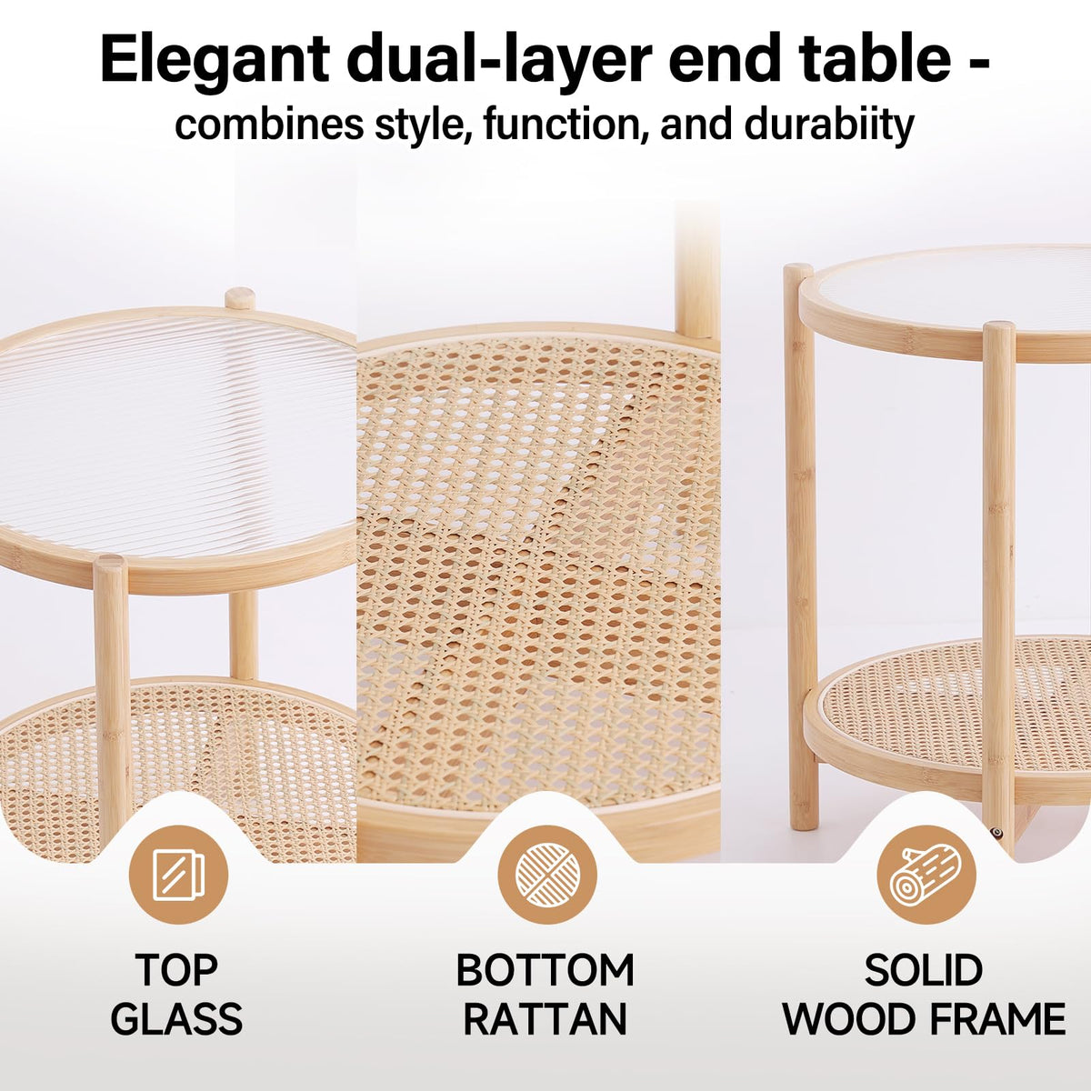 Tiita Rattan Side Table, Modern Round Bamboo End Table, Glass Top, Wood