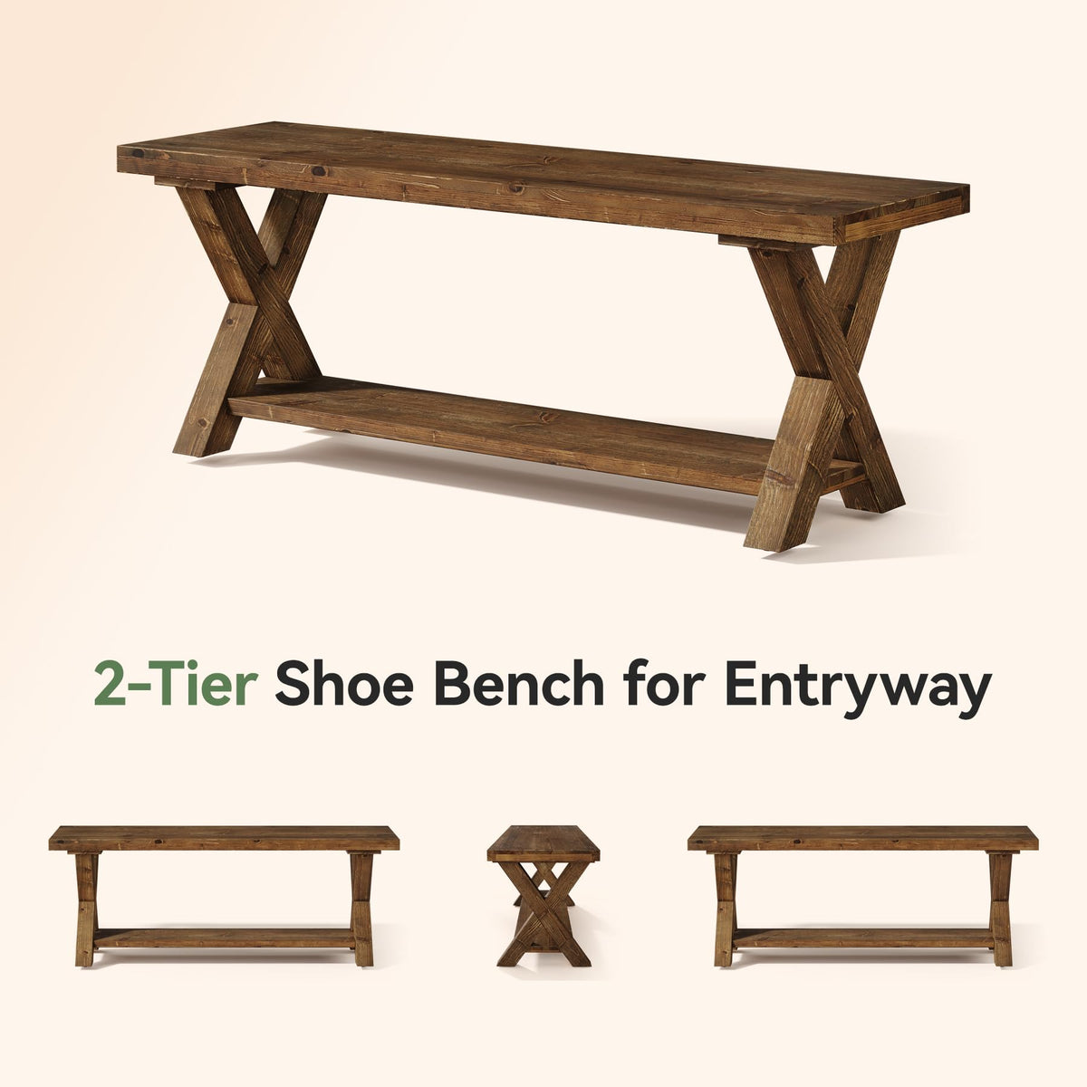 TRIBEWOOD 43.3" Solid Wood Bench, Farmhouse Wooden Entryway Bench with Storage Shelf, X-Shaped Leg Design, Entry Way Shoe Benches Seat for Hallway, Kitchen, Bedroom, Living Room