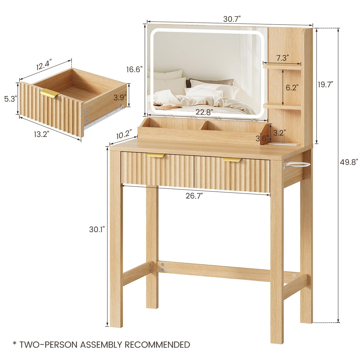 Fluted Vanity Desk with Mirror and Lights, 30.7" Small Makeup Vanity, Oak