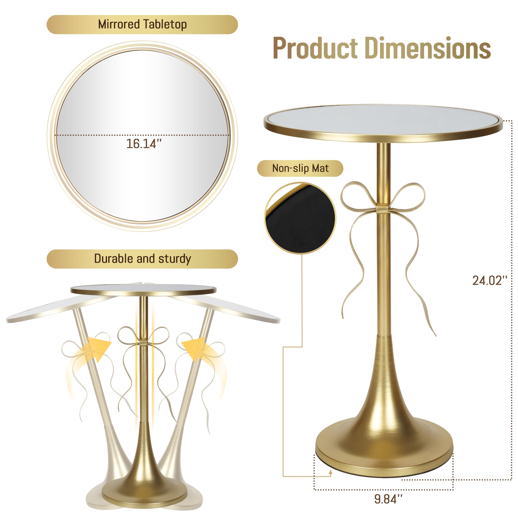 Aoligrace Gold Metal Side Table, Retro Bow Pedestal End Table with Mirror Tabletop, Decorative Martini Drink Table for Small Space, Living Room, Couch, Patio
