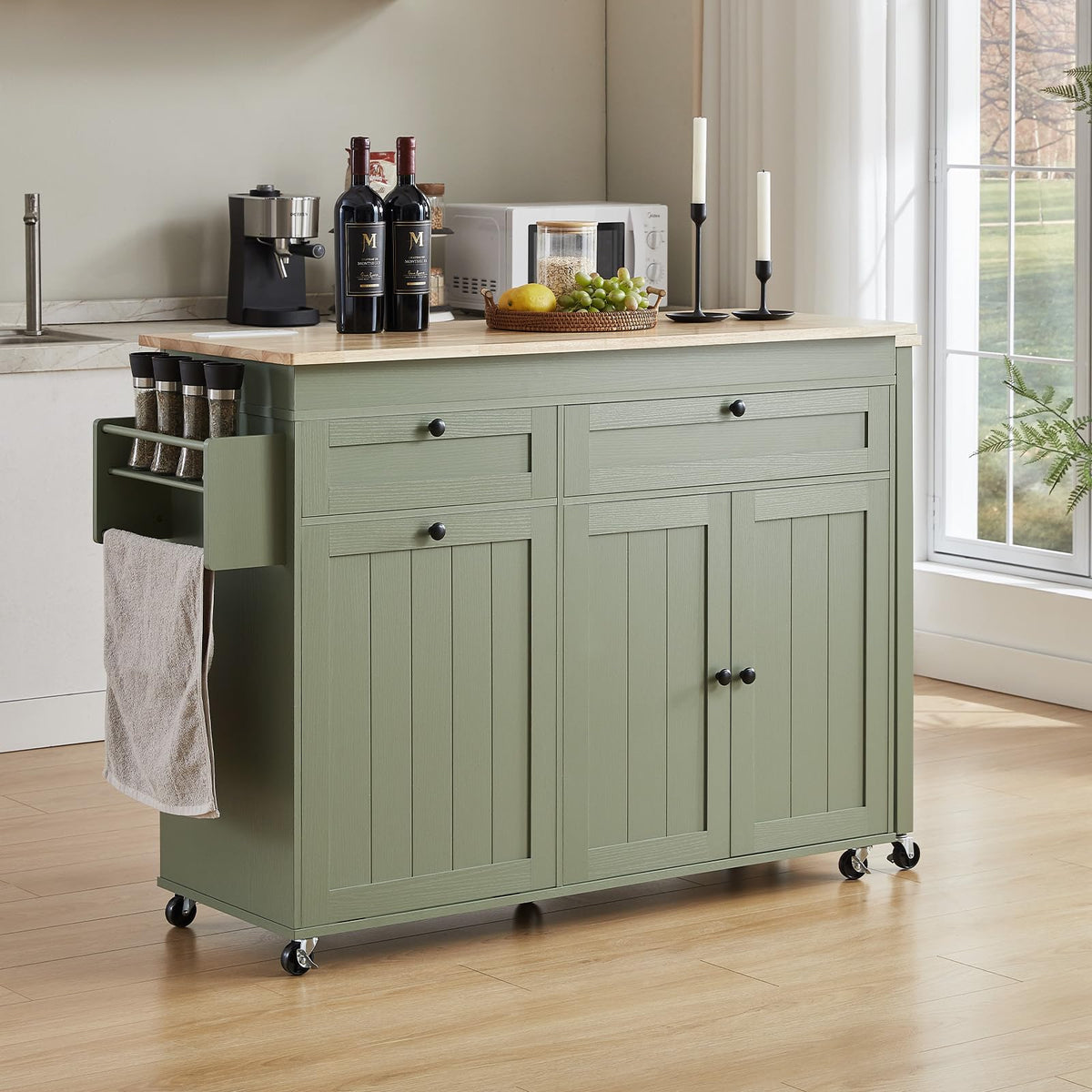 Kitchen Islands with Extendable Dining Table, Mobile Storage Islands, Green