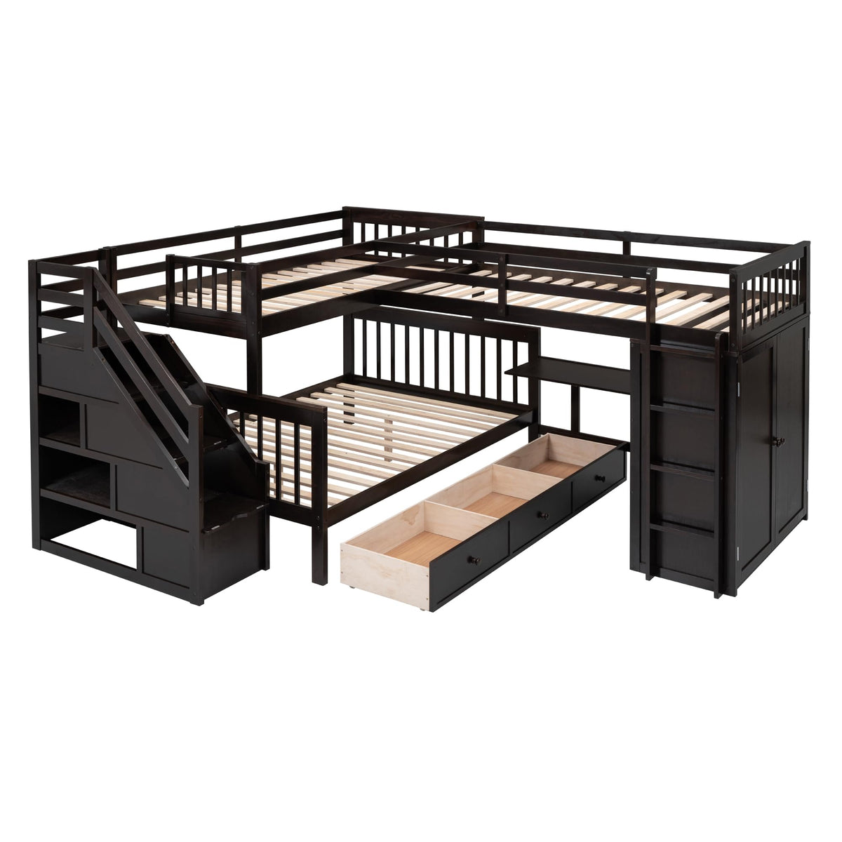 Bellemave L Shaped Triple Bunk Bed with Storage Staircase, Wardrobe, Desk & Drawers, Wooden Bunk Bed for 3 Kids, Twin Over Full Bunk Beds, L-Shaped Loft Bed for Kids, Teens, Adults (Espresso)