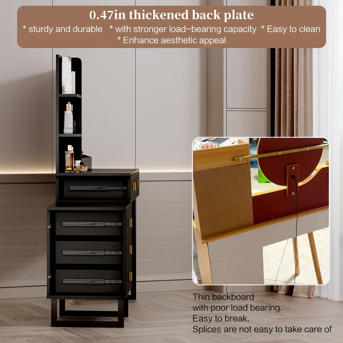 Large Vanity Desk with 3 Color Touch Screen Dimming Mirror, Vanity Desk with Charging Station, Modern Retractable Makeup Dressing Table, Makeup Table With storage shelves and 5 Sliding Drawers, Black