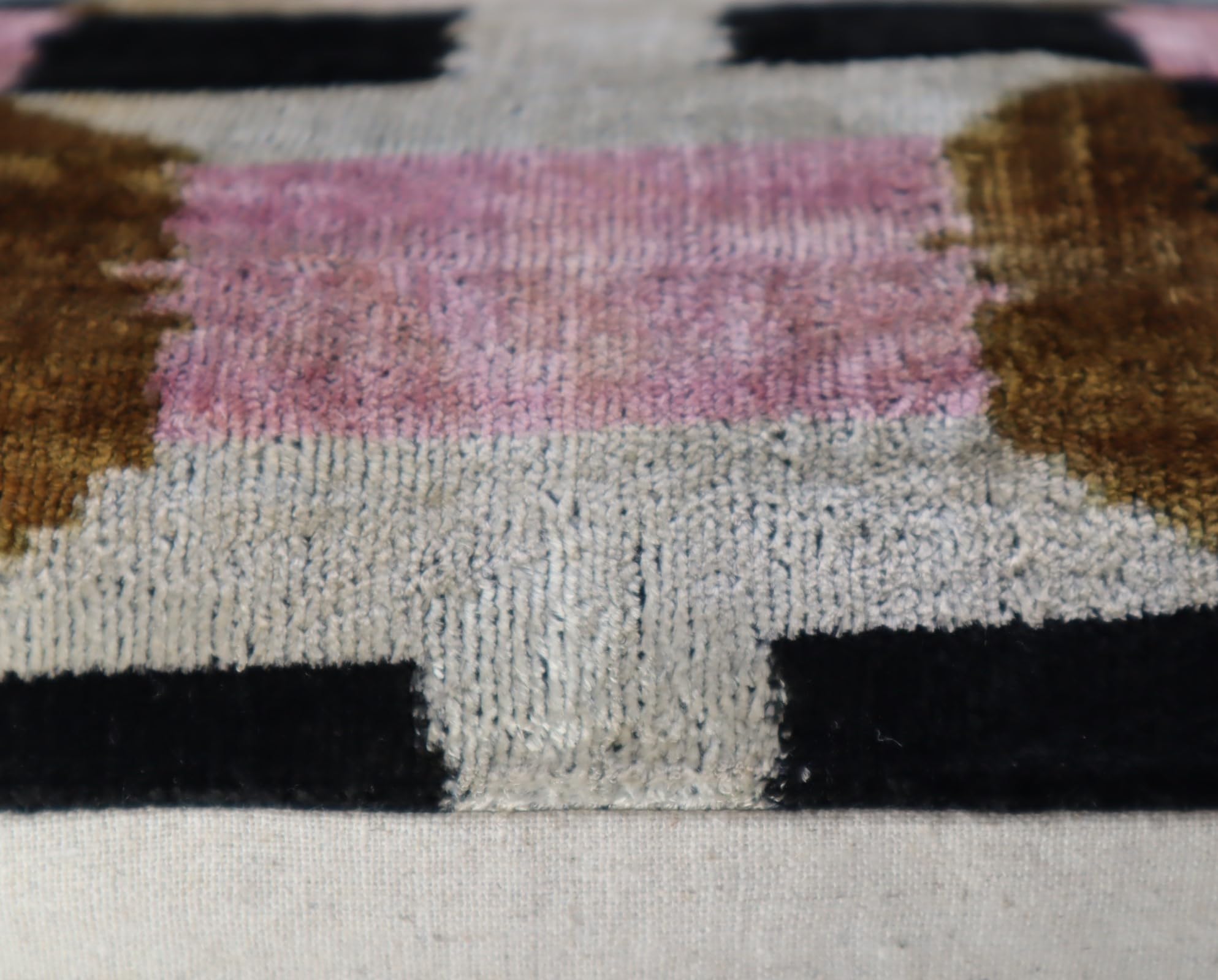 CANVELLO Handmade Pink & Brown Geometric Silk Velvet Throw Pillow – 16x24 Inch, Naturally Dyed, Down Feather Insert, Luxury Decorative Cushion for Sofa & Bed