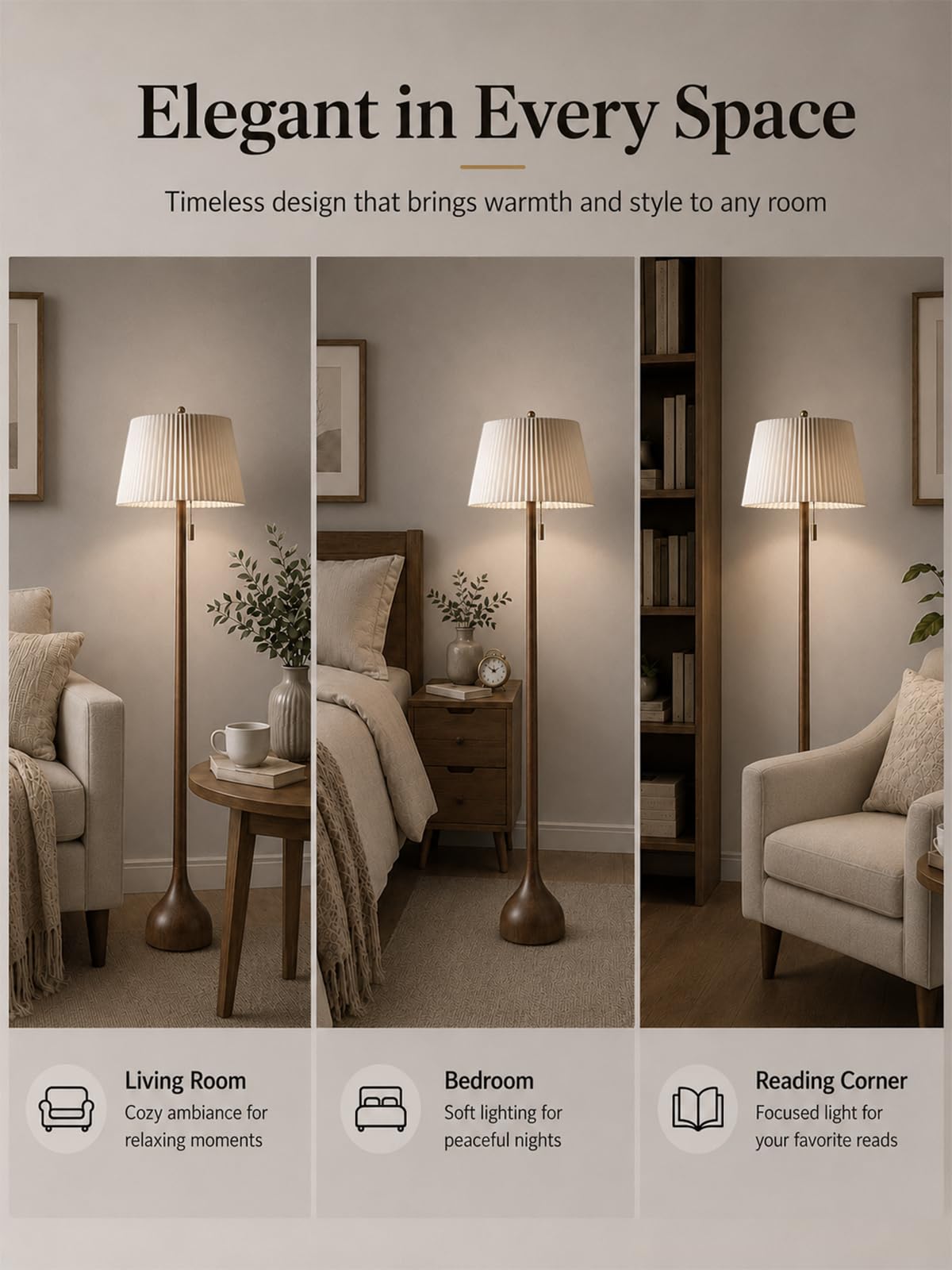 MOFFE 65" Mid Century Real Wood Floor Lamp with Remote, Sculptural Standing Lamp with Teardrop Base & Wooden Pull Chain, Dimmable with Adjustable Color Temperature & Timer (Bulb Included)