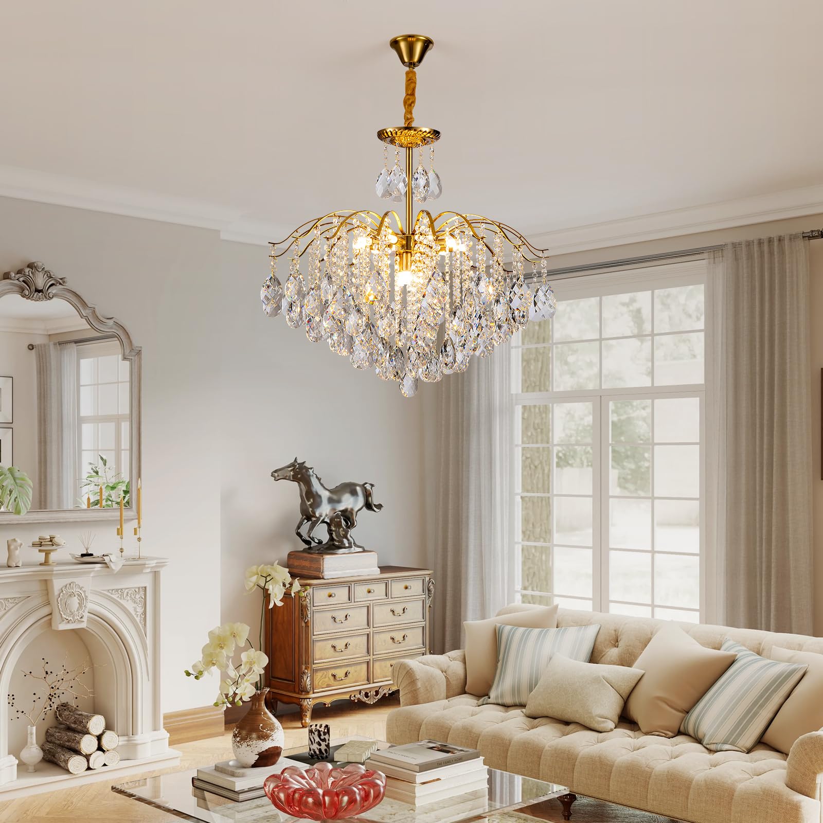 KKQiYuloom 12-Light Modern Gold Pendant Chandelier Crystal Middle Century Dining Room Raindrop Lighting Ceiling Light Fixture Lamp for Bath Room Bed Room Living Room Required D26inxH22.4in
