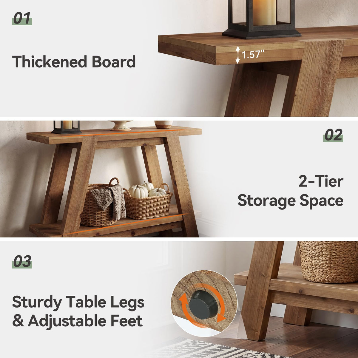 TRIBEWOOD 43.3" Solid Wood Entryway Table, 2-Tier Farmhouse Console Table with Storage, Narrow Sofa Table Behind Couch for Living Room, Hallway, Foyer, Brown