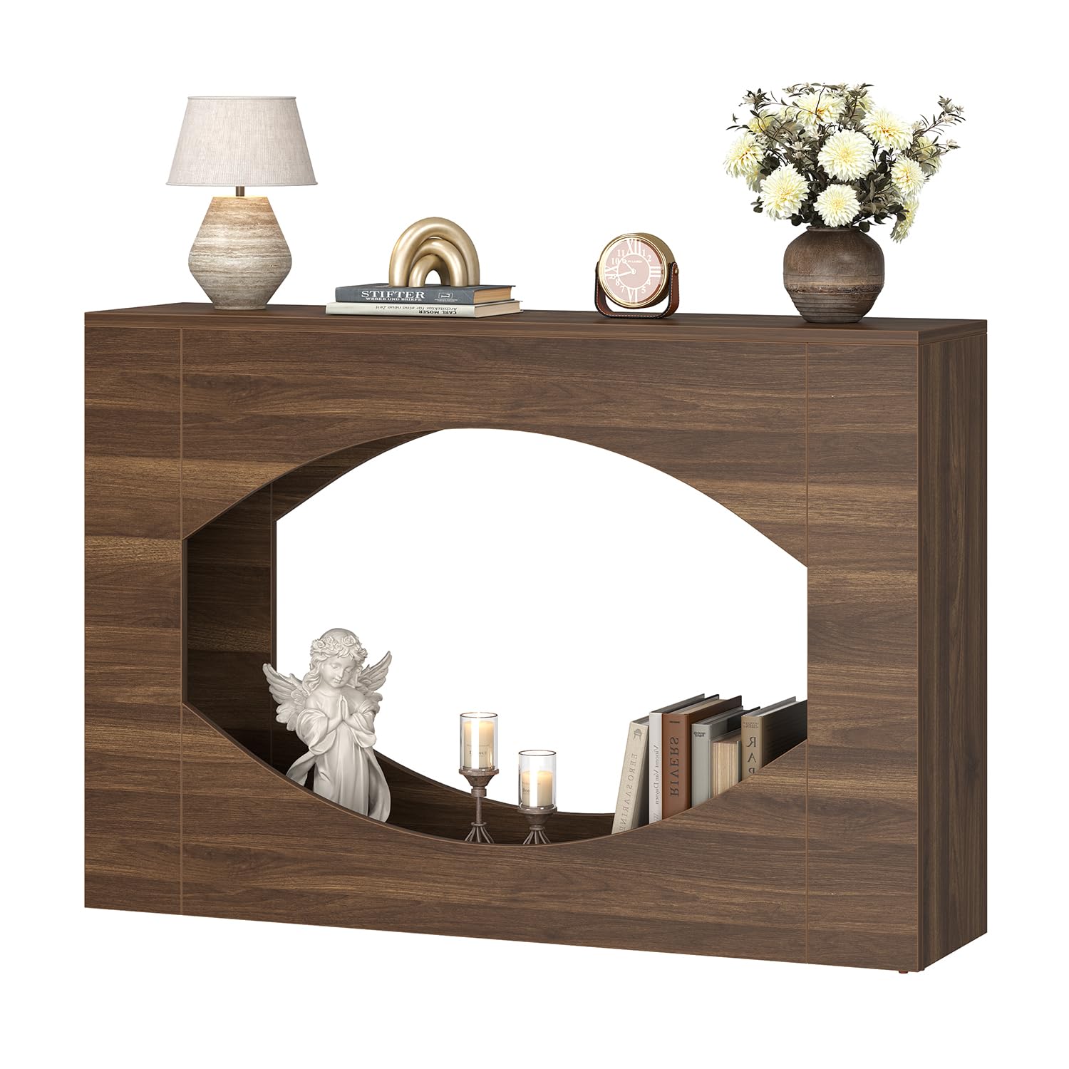 Farmhouse Console Table with LED Lights, 47 Inches Entryway Table with Open Storage, Modern Wood Couch Table Behind Sofa, Narrow Accent Entrance Table for Living Room, Hallway, Foyer,Rusitc Brown