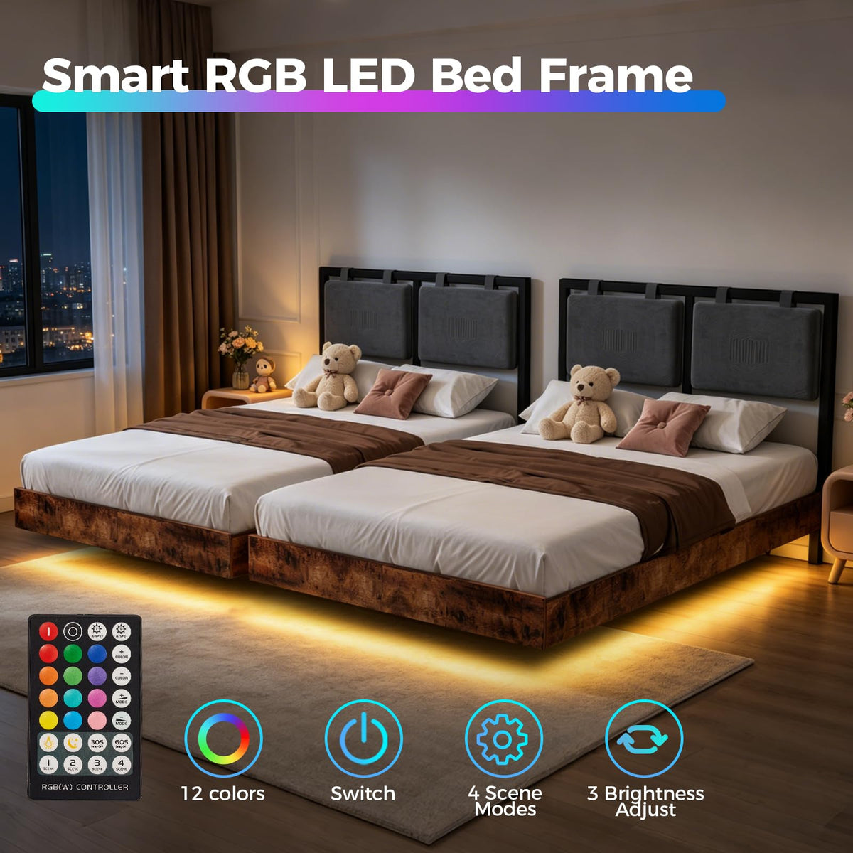 LUCKLIFE Floating Bed Frame Queen Size with Smart LED Lights, Adjustable Headboard, Upholstered Modern Metal Platform Bed, Easy Assembly, Under-Bed Storage, Queen