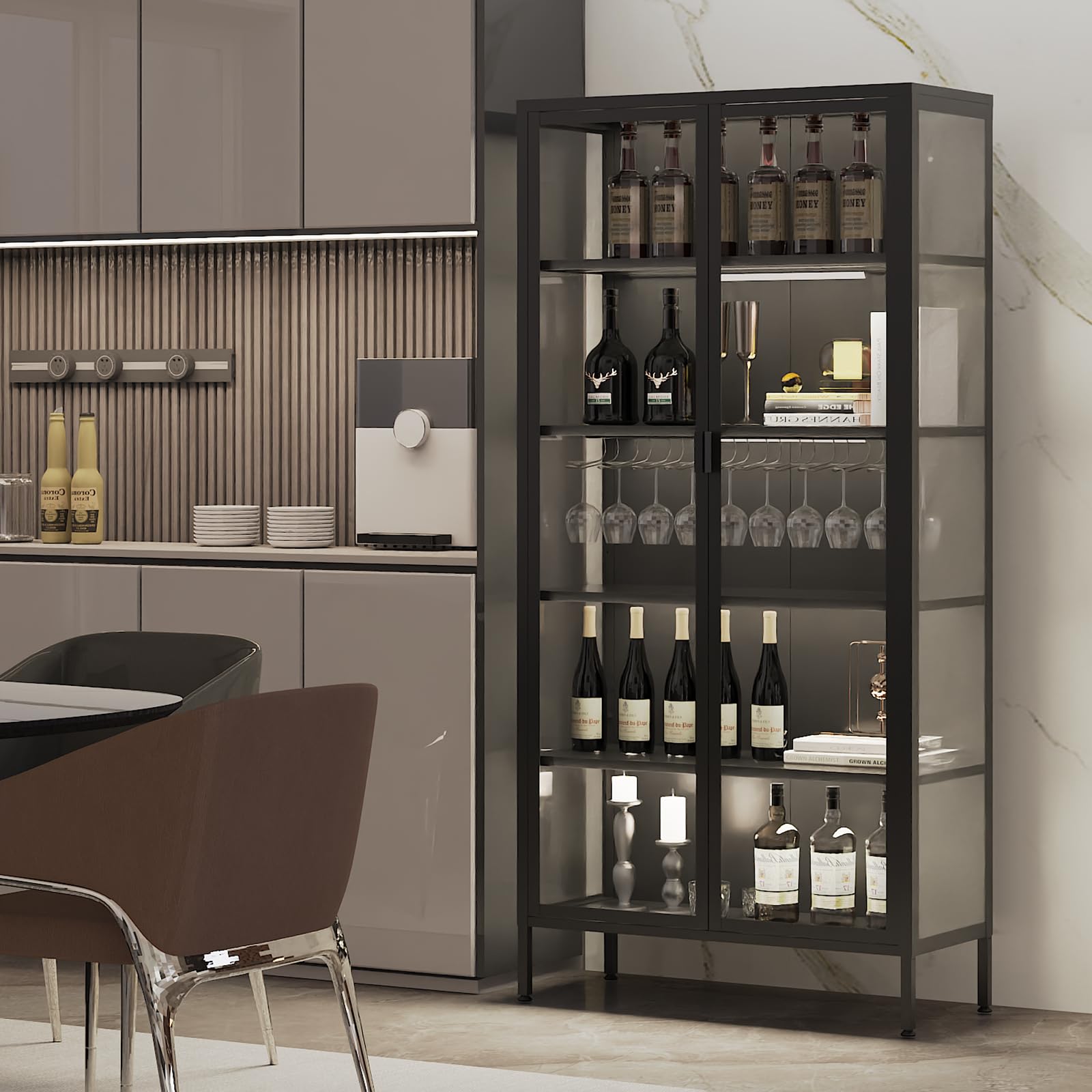 Glass Display Cabinet with LED Sensor Lights & Adjustable Shelves