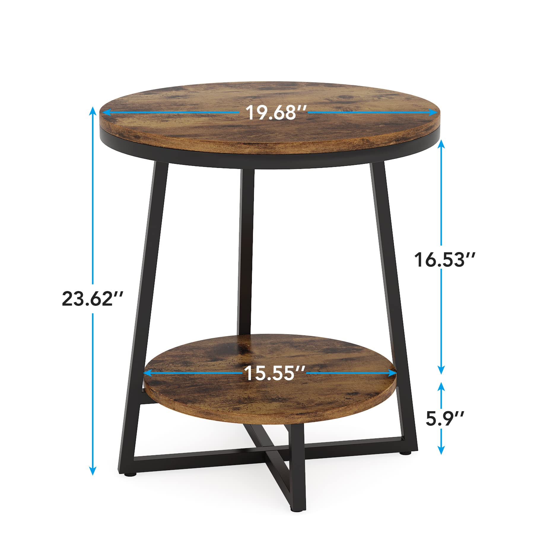 Tribesigns End Table, 2 Tier Round Side Table with Storage Shelf, Industrial Nightstand Bedside Table Coffee Accent Table for Living Room Bedroom Small Space, Rustic Brown