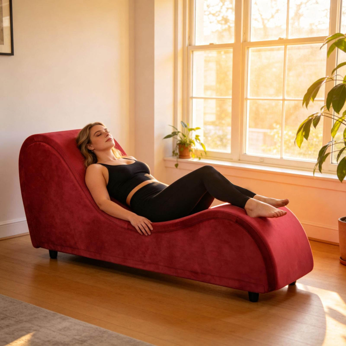 Red Velvet Curved Chaise Lounge