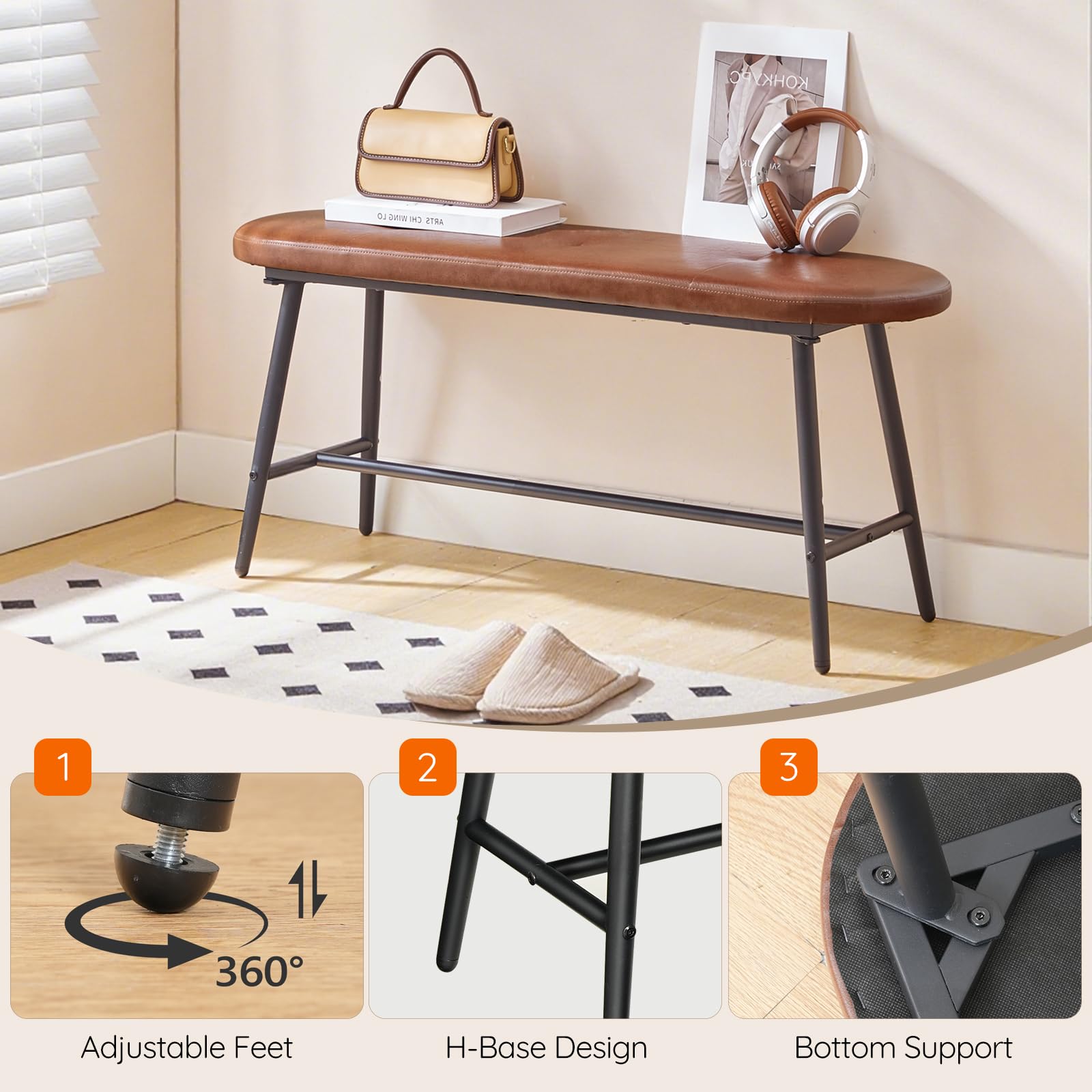 HOOBRO Dining Bench, Upholstered Kitchen Table Bench, Dining Room Bench with PU Leather Padded Seat, Steel Frame, Easy to Assemble, for Kitchen, Dining Room, Bedroom, Brown and Black CB100CD01G1