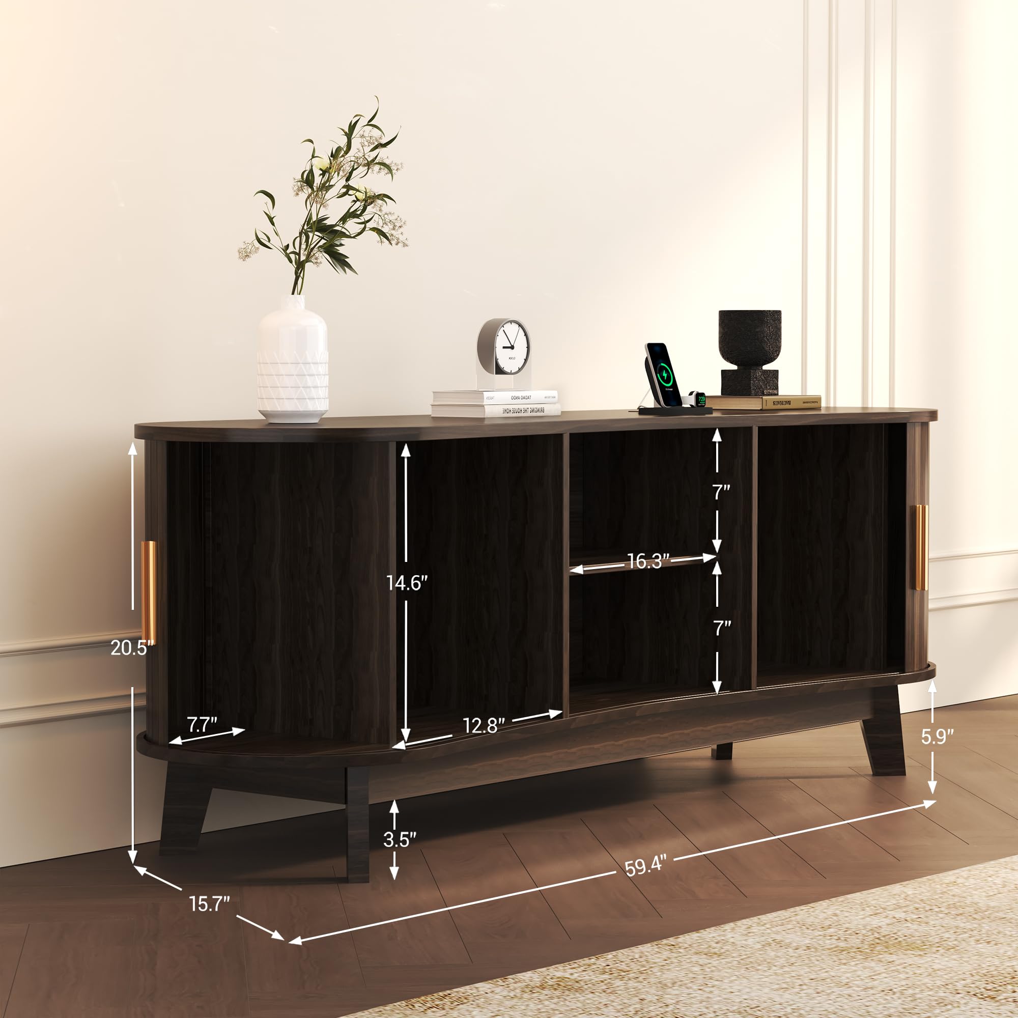 59" Mid-Century TV Stand with Sliding Doors & Power Outlets