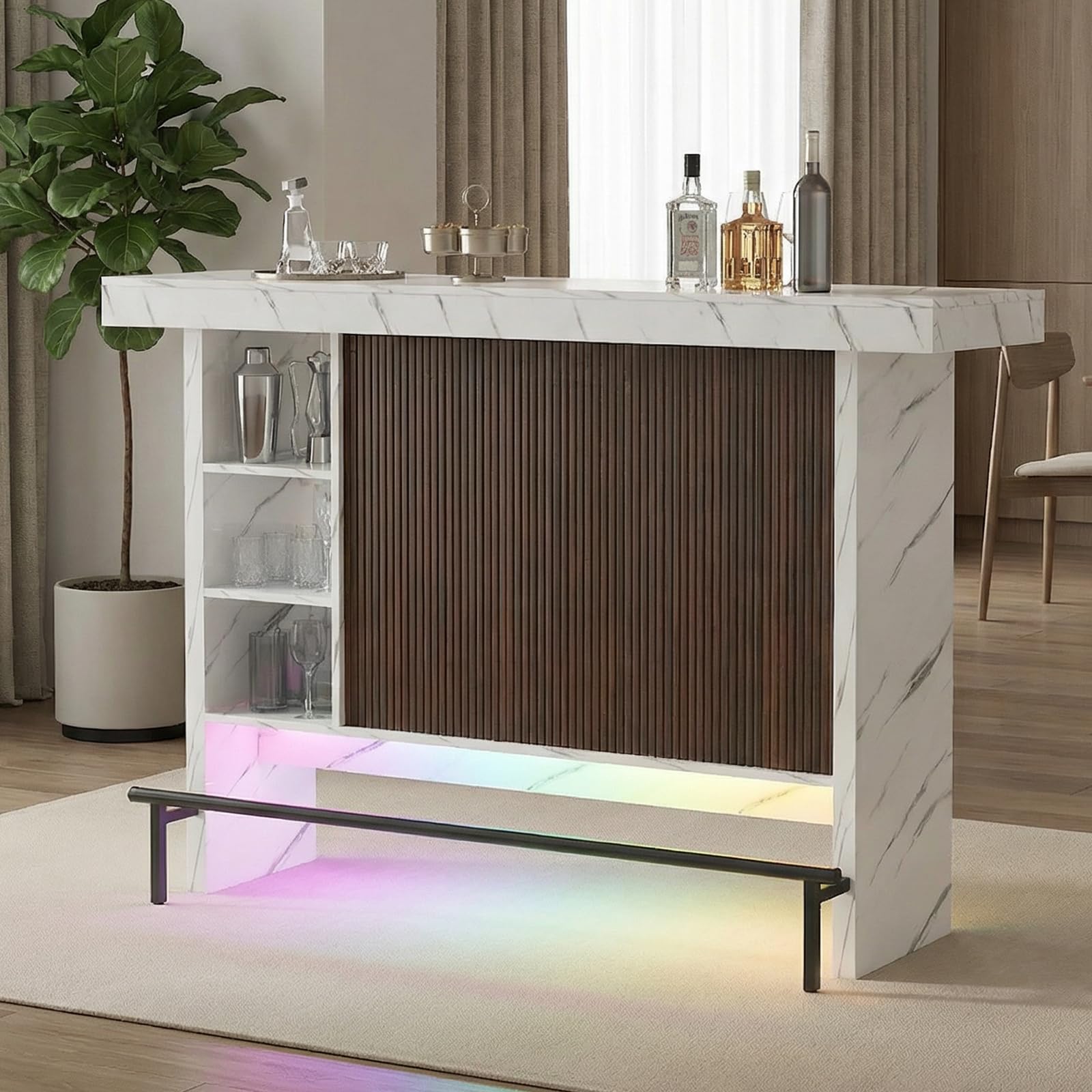 Marble-Style Bar Table with RGB LED Lighting & Storage
