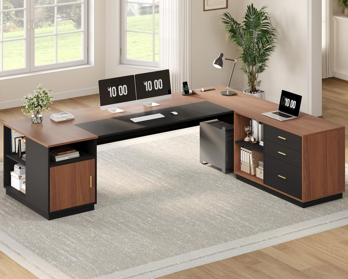 L-Shaped Executive Desk with File Cabinet