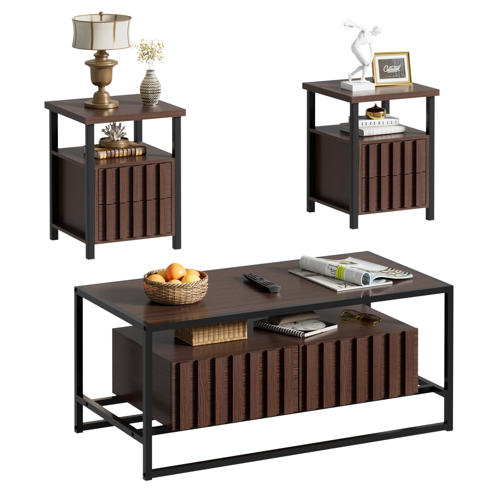 3-Piece Coffee Table Set with Drawers & Open Shelves