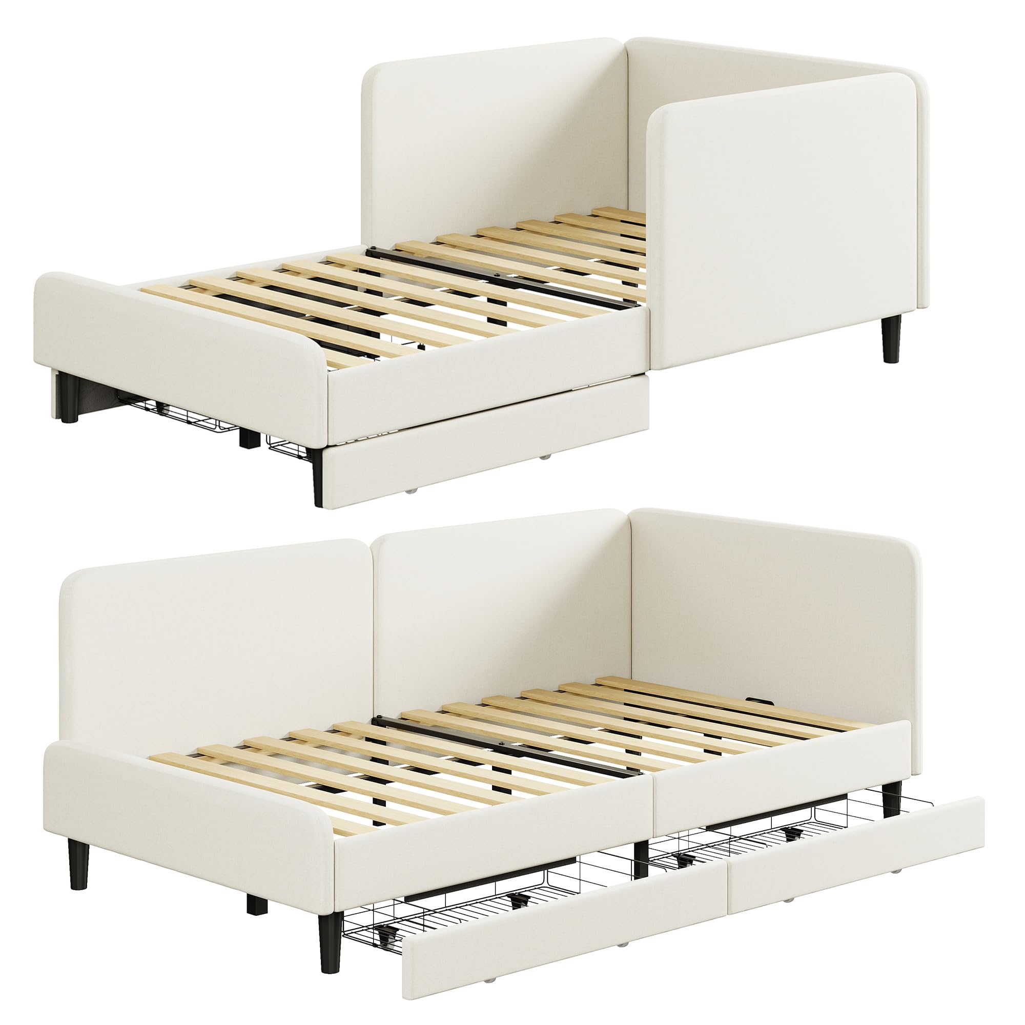 LIKIMIO Twin XL Daybed with Headboard, Corner Bed Frame with Bed Rails and Storage Drawers, Solid Support, for Bedroom Guest Room, Cream