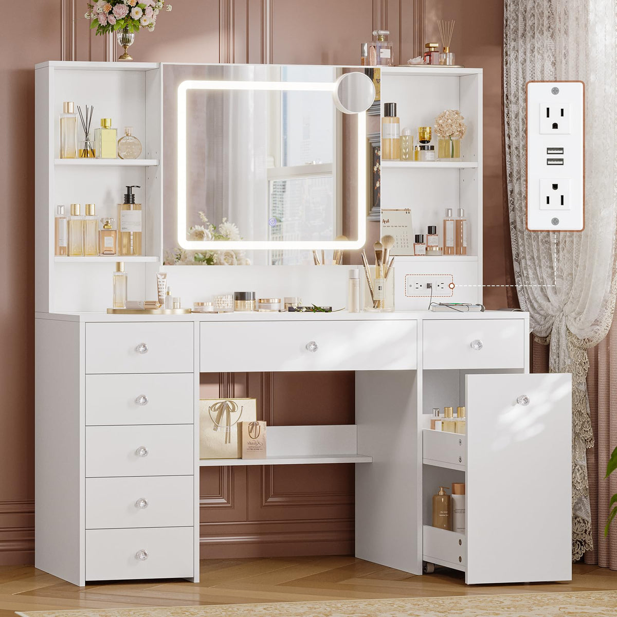 47.2'' Vanity Desk with Mirror and LED Lights, White