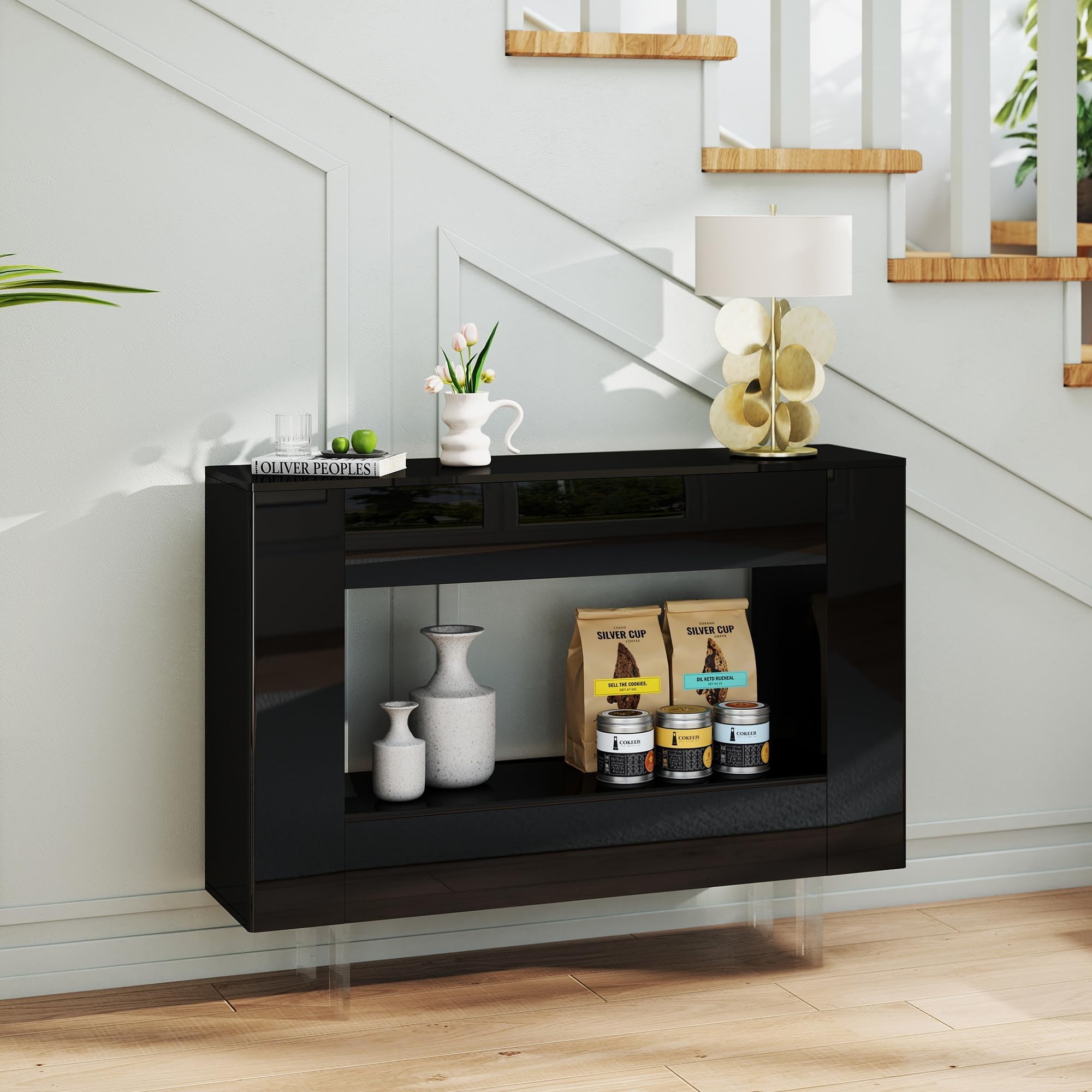 Vavkorkula Console Table, High Gloss Entryway Table with Hidden Storage Cabinets, Adjustable Shelves, Modern Sofa Table for Behind The Couch, Living Room, Hallway, Black