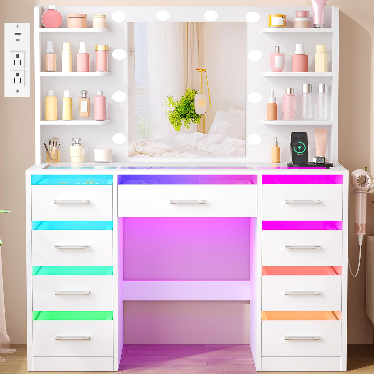 ANWBROAD White Makeup Vanity Desk with Mirror & Lights,Glass Top,RGB Light