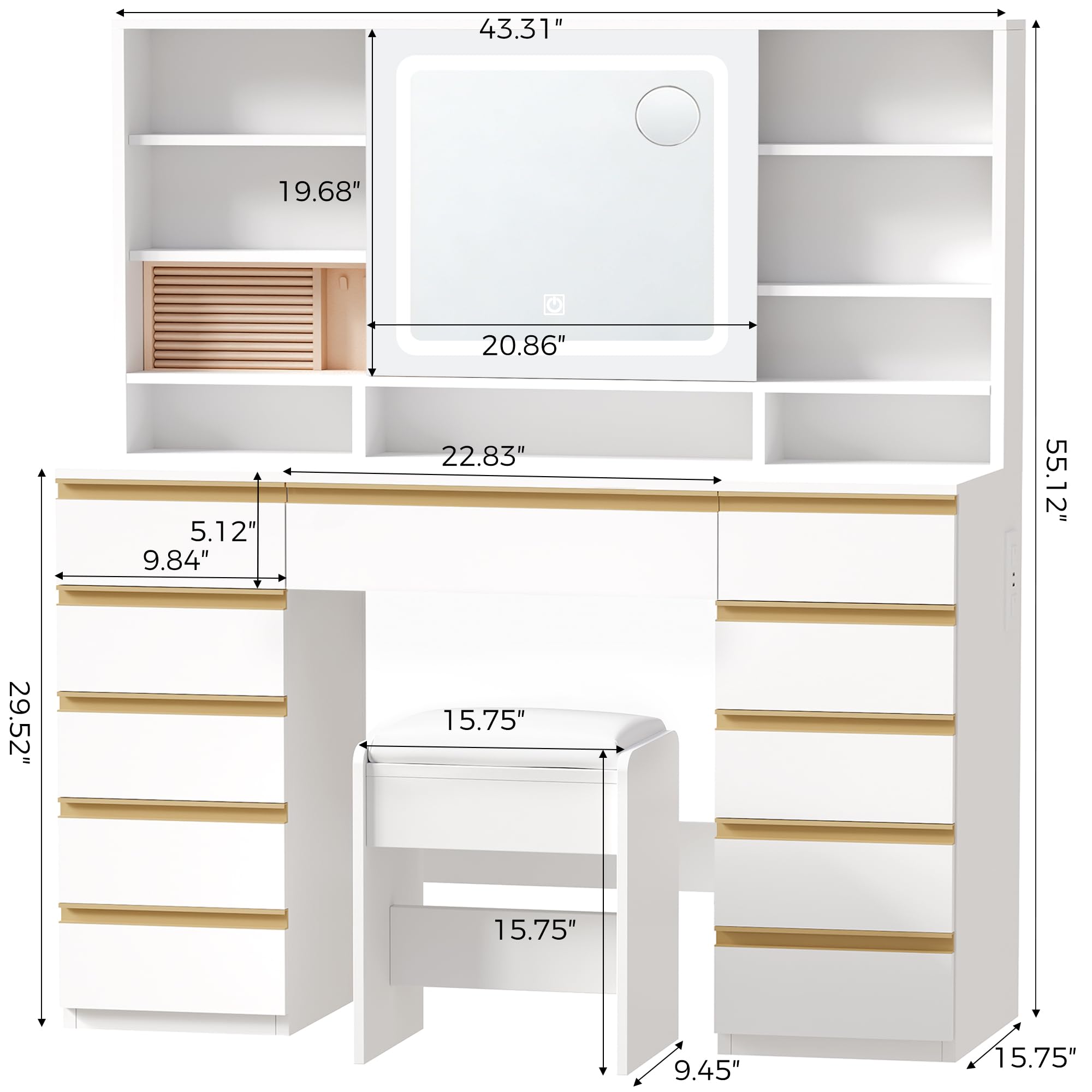 Lighted Vanity Desk with Sliding Mirror, 11 Drawers & Stool