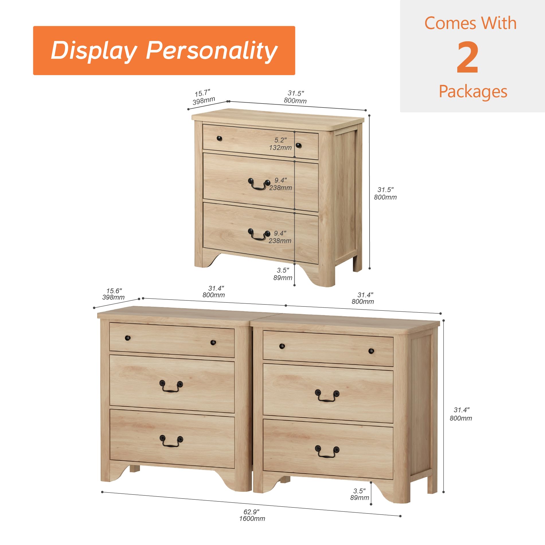 WAMPAT 3 Drawer Dresser Set of 2, 63“ Large Farmhouse Dresser for Bedroom with Wide Chest of Drawers,Oak Wooden Dressers Nightstand Cabinet for Bedroom, Living Room, Hallway, Office