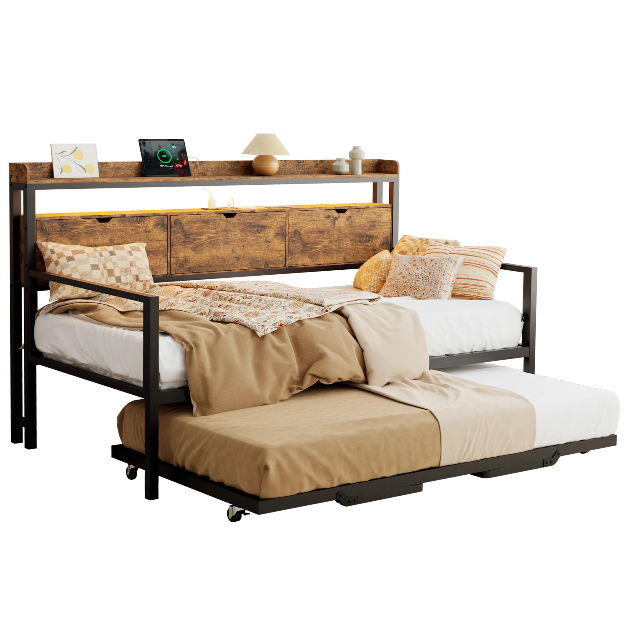 MU Twin Daybed with Trundle and Storage Headboard, Heavy Duty Metal Twin Bed Frame with Charging Station & LED Light, Day Bed with Pop Up Trundle Bed Twin for Living Room, Bedroom, Rustic Brown