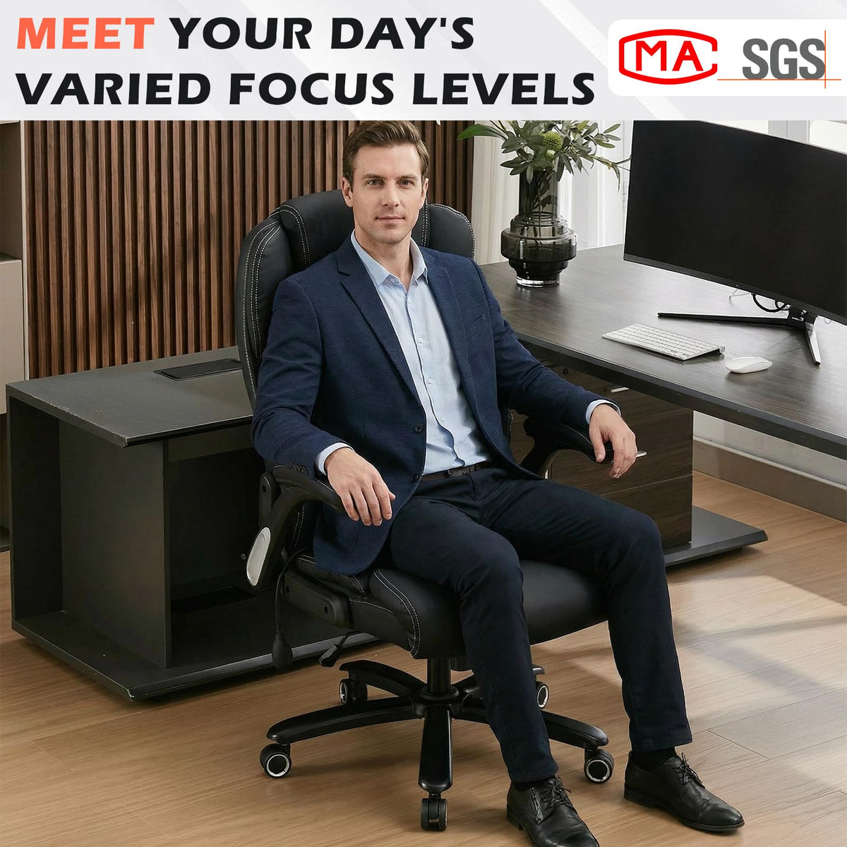 700lbs Big and Tall Office Chair - Heavy Duty Executive Desk Chair with Inflatable Lumbar Support, Extra Wide Padded Seat, Flip-up Arms, Metal Base & Quiet Rubber Wheels, High Back Ergonomic Chair