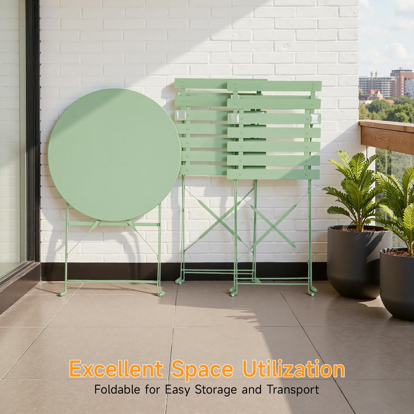Bistro Table and Chairs set of 2, 3 Piece Folding Outdoor Patio Bistro Set with Comfortable Cushions, Weather-Resistant Stable Small Patio Furniture Set for Backyard Balcony Porch Coffee Shop, Green