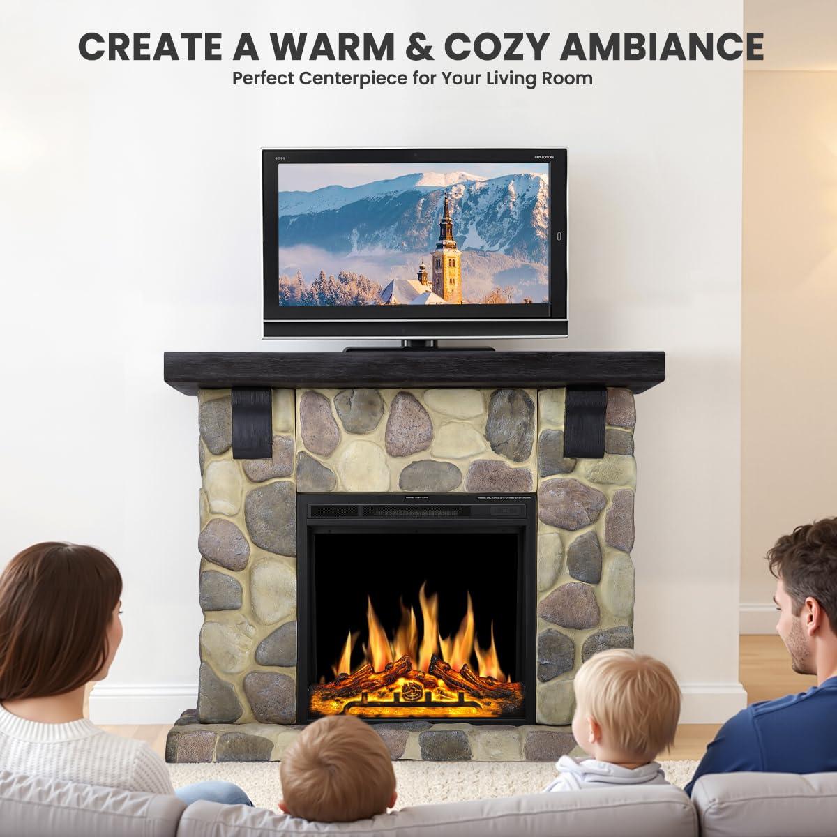 Electactic 50" Electric Fireplace TV Stand with Faux Stone Mantel, Round