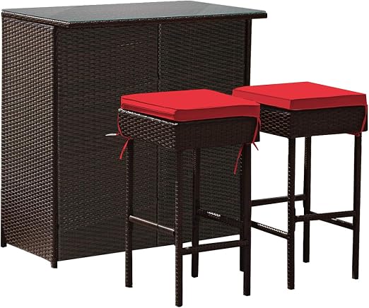 3-Piece Rattan Wicker Patio Bar Set with 2 Stools & Glass Table Top