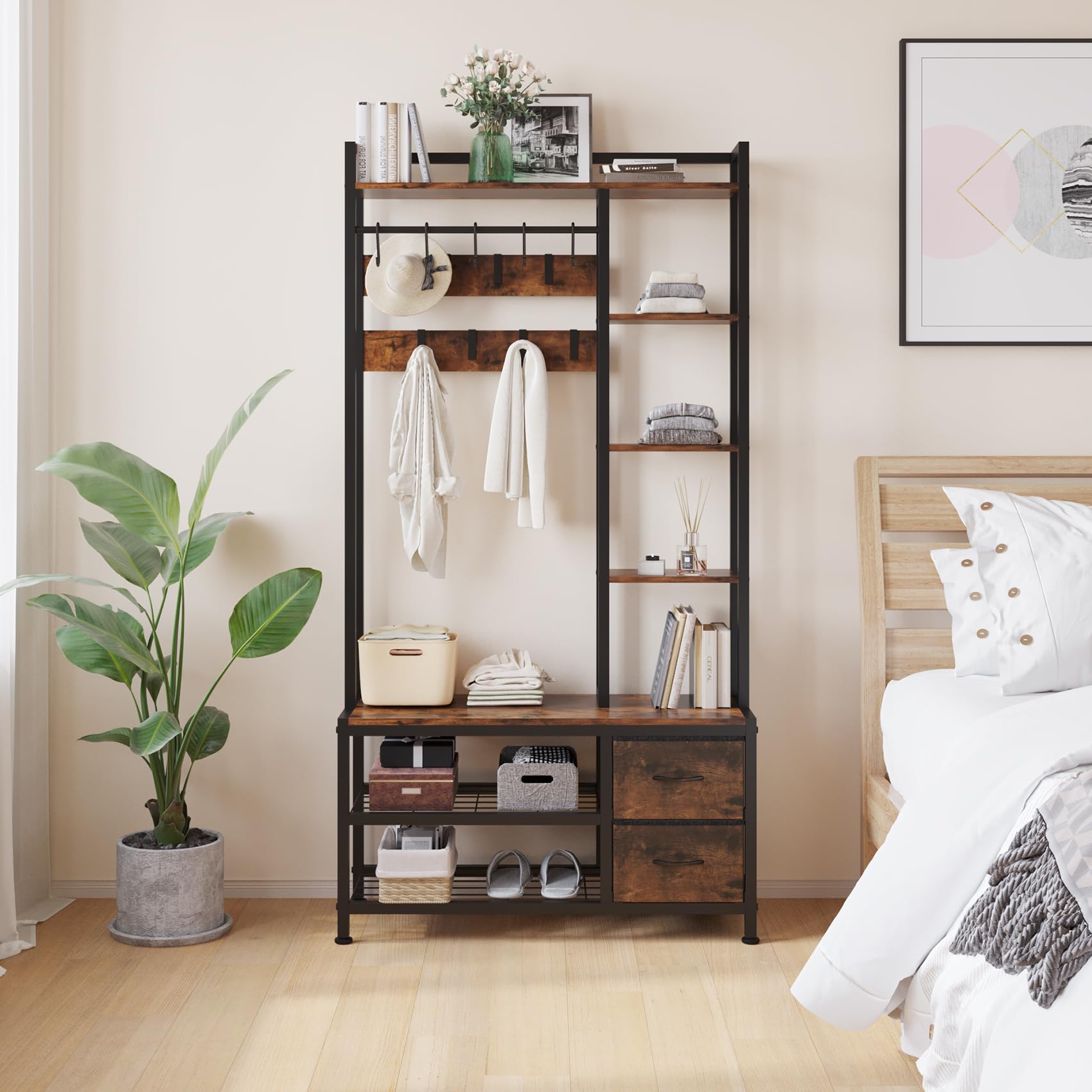 6-in-1 Hall Tree with Bench, Drawers & Shelves