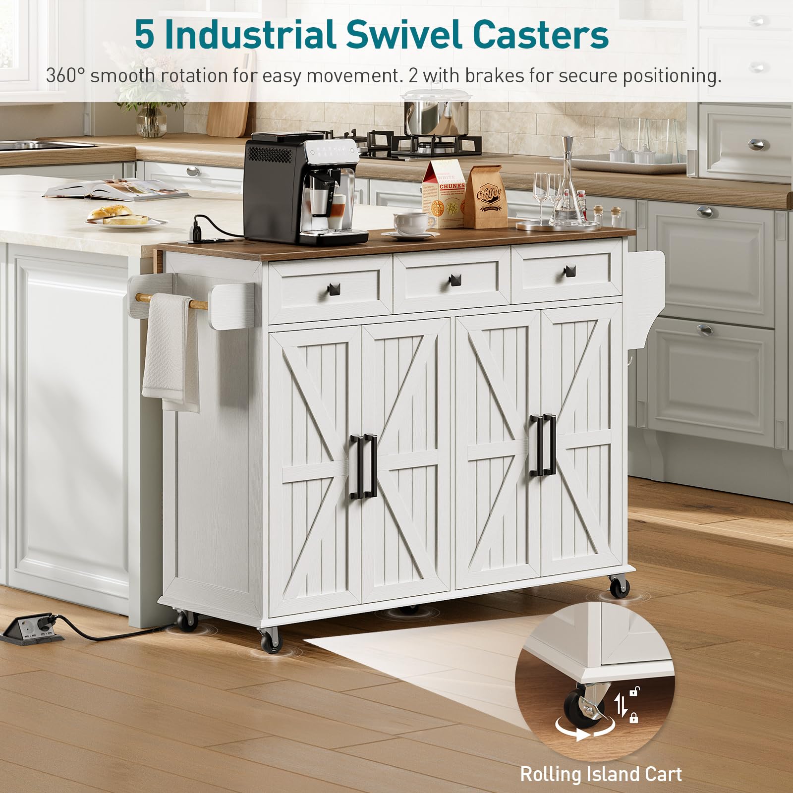 RALGEND Kitchen Island with Drop Leaf & Power Outlet, Rolling Kitchen Island Cart On Wheels, Barn Door Kitchen Island Table with Storage and Tower Rack, Island Table for Kitchen, White and Walnut