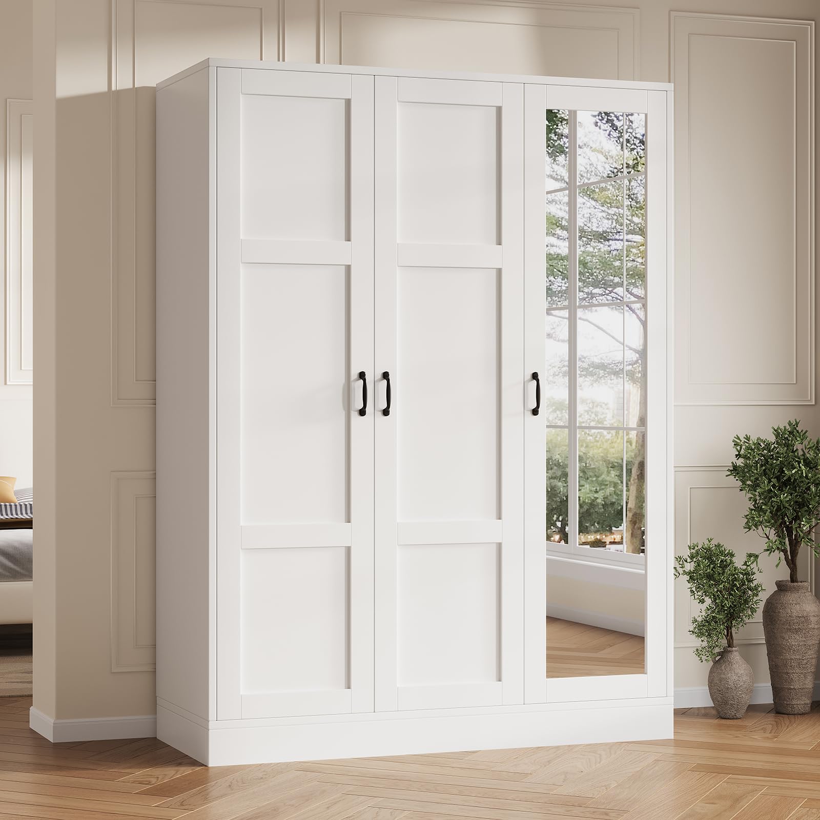 Yanosaku 3-Door Armoire Wardrobe Closet with Full Length Acrylic Mirror, Armoire with Adjustable Shelves & Hanging Rod, Freestanding Storage Cabinet for Bedroom, White