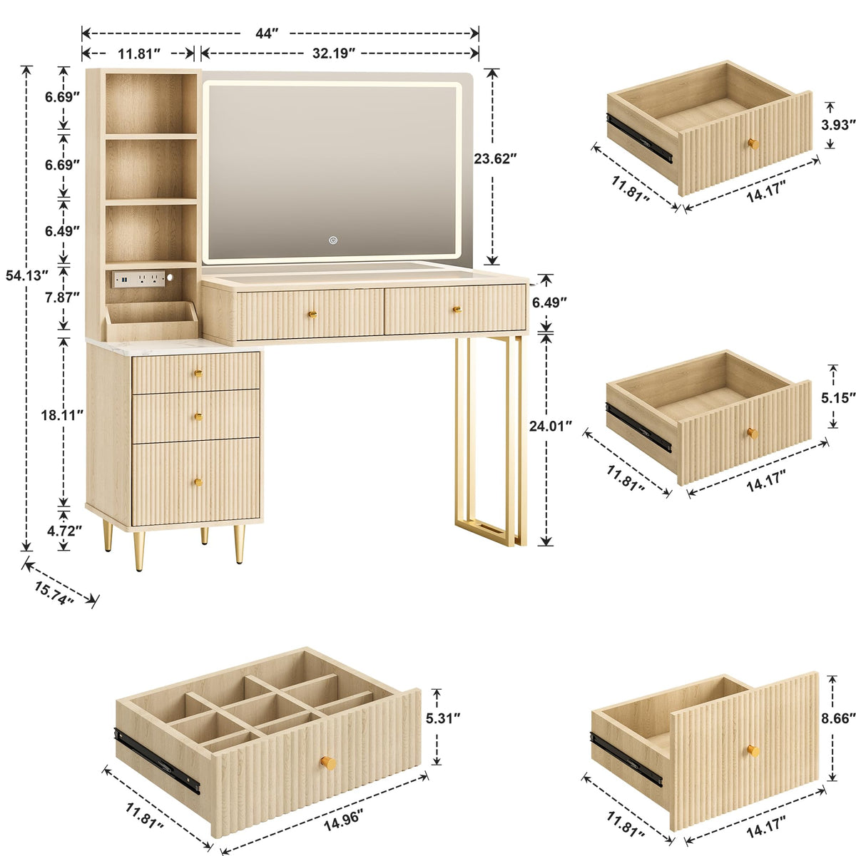 Fluted Vanity Desk with LED Mirror