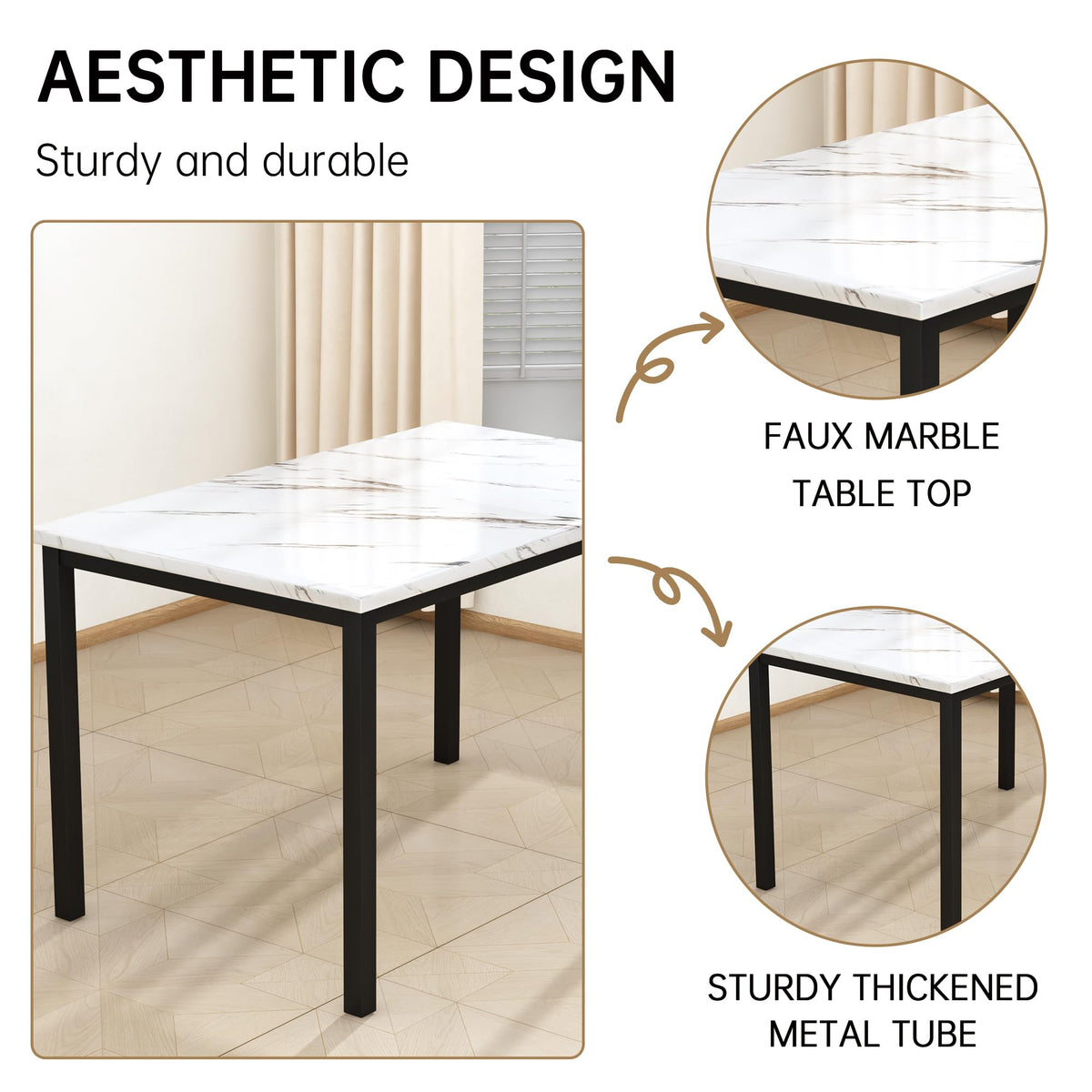 Recaceik 5-Piece Small Dining Table Set for 4, Modern Faux Marble Kitchen Table with 4 Upholstered PU Leather Chairs, Dining Room Table Set for Dinette, Breakfast Nook & Small Spaces, Black