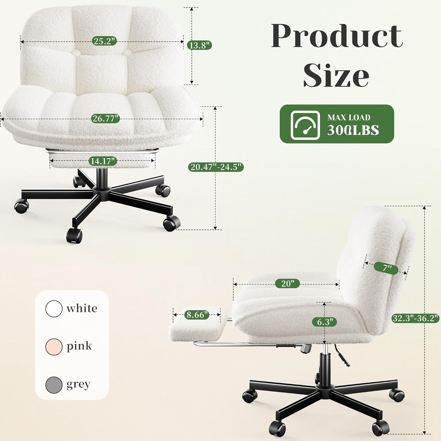 DurayLoly Cross Legged Office Chair with Foot Rest, 6.3" Thick Cushioned Criss Cross Chair with Wheels, Height Adjustable Swivel Vanity Chair for All-Day Comfort (White)