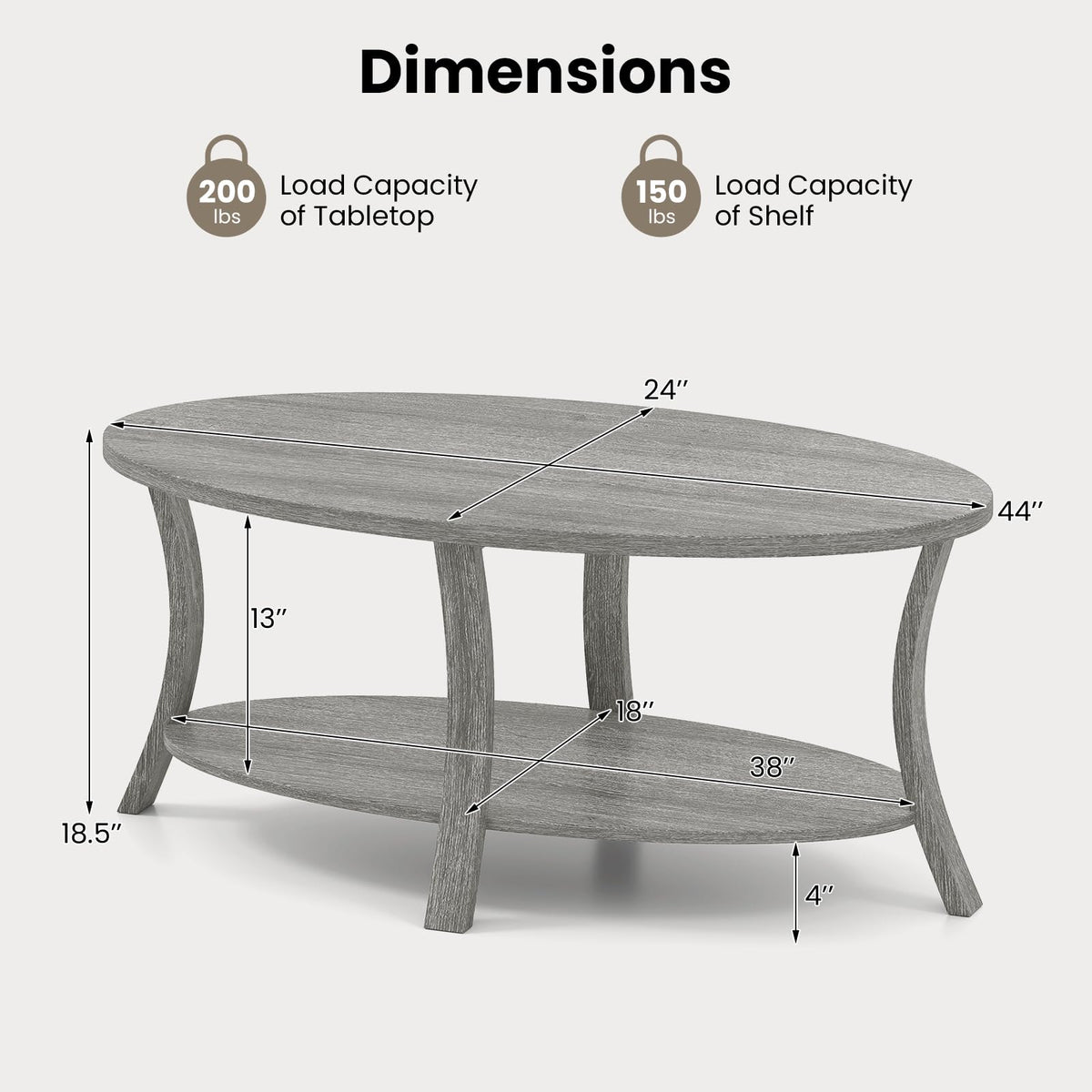 Gray Oval Coffee Table with Storage