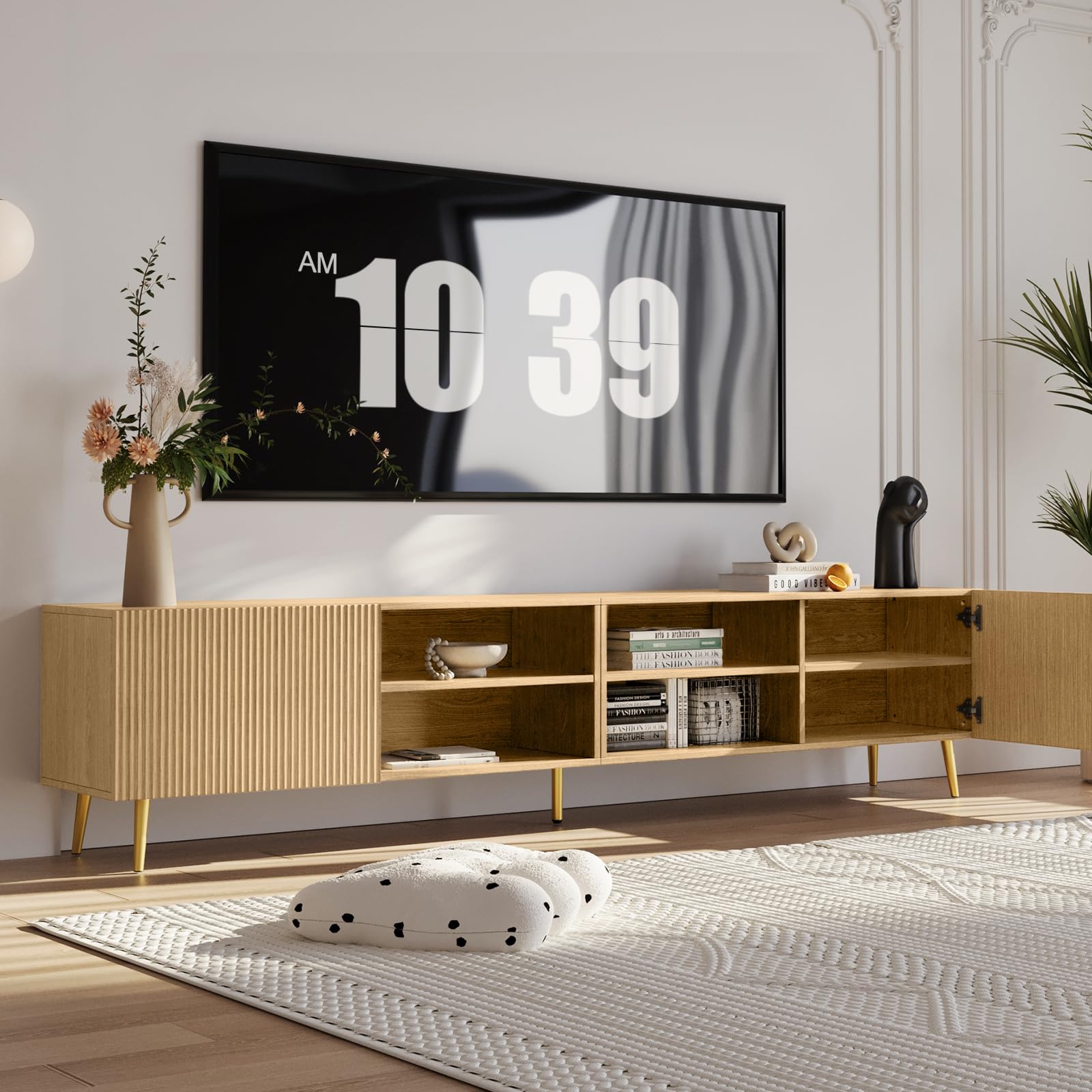 86" Modern TV Stand with Fluted Doors & Adjustable Shelves