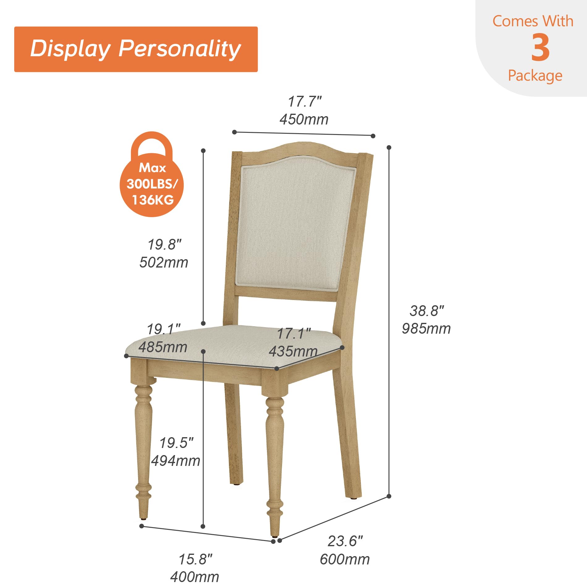 WAMPAT Dining Chairs Set of 6, Fabric Upholstered Kitchen Chairs with Cross-Back & Solid Wood Legs, Farmhouse Side Chair with Gourd-Shaped Leg for Dining Room, Living Room, Oak