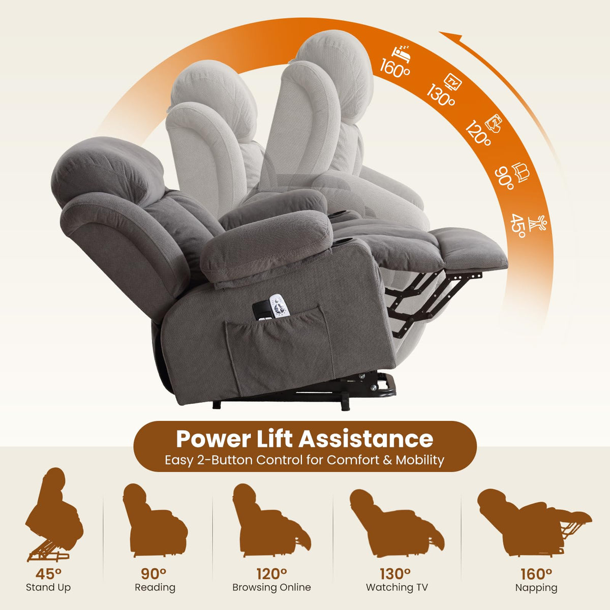 Gray Power Lift Recliner with Massage and Heat