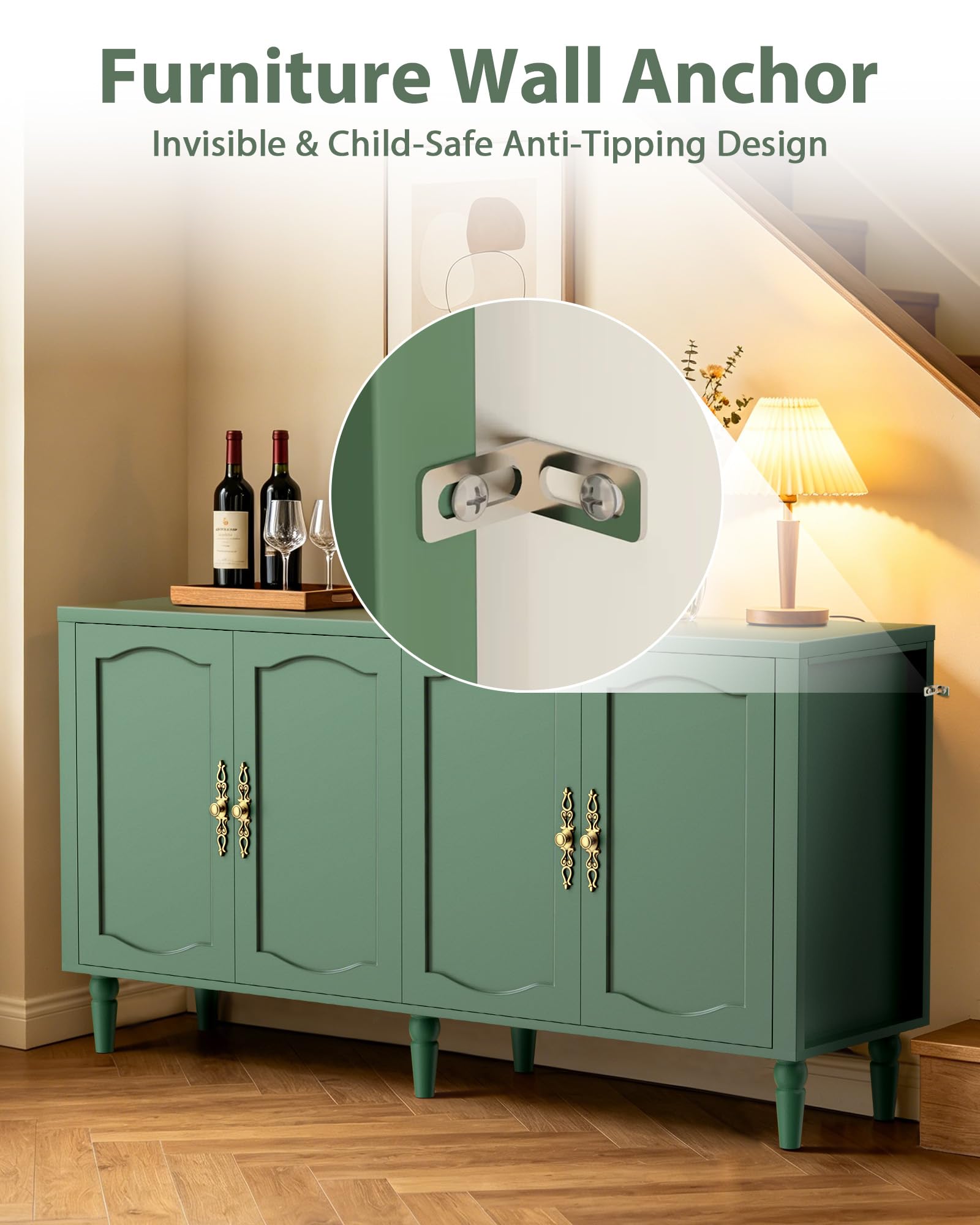 63" Wood Sideboard Buffet Cabinet with Adjustable Shelves