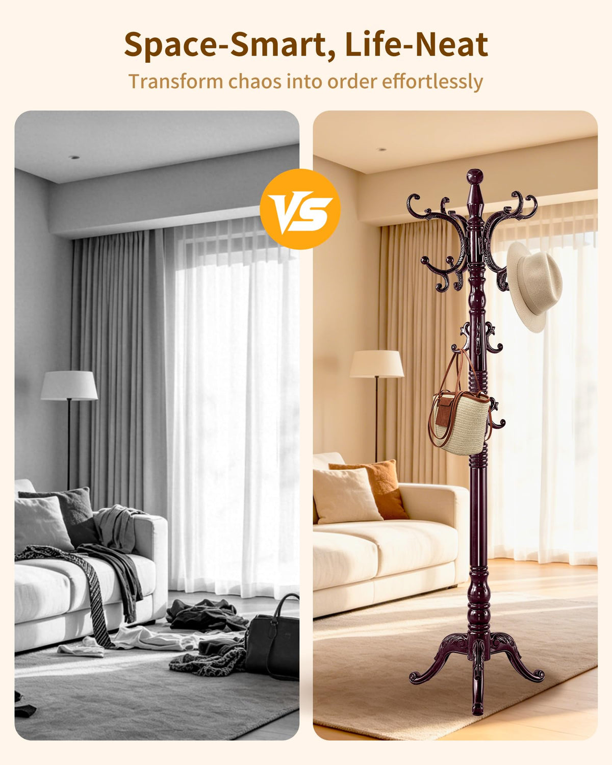 ZLRIAOI Wooden Coat Rack, Vintage Solid Wood Coat Rack Stand with 14 Hooks