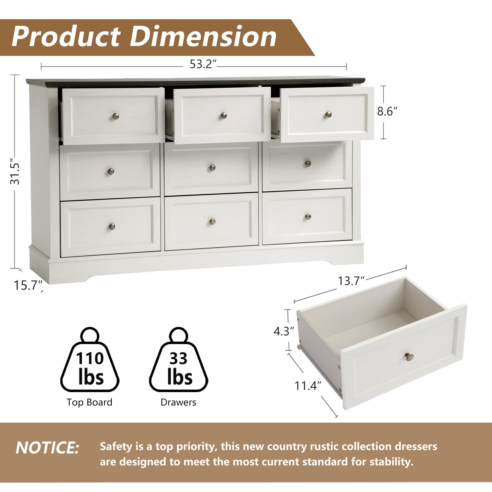 LOUVIXA Farmhouse Bedroom Sets of 4, 4Pcs Farmhouse Dresser Set，Including 9 Drawer Dresser, 5 Drawer Dressers and Nightstand Set of 2 with Charging Station (White Sets, 4 Pieces)