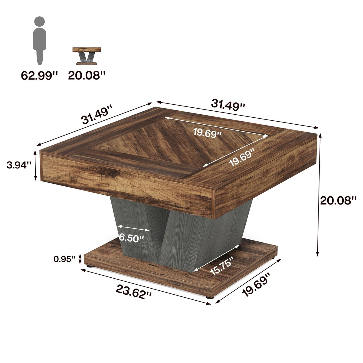 Tribesigns Square Coffee Table, Wood Center Table for Living Room, 31.5" Modern Cocktail Tea Accent Table, Rustic Brown & Black