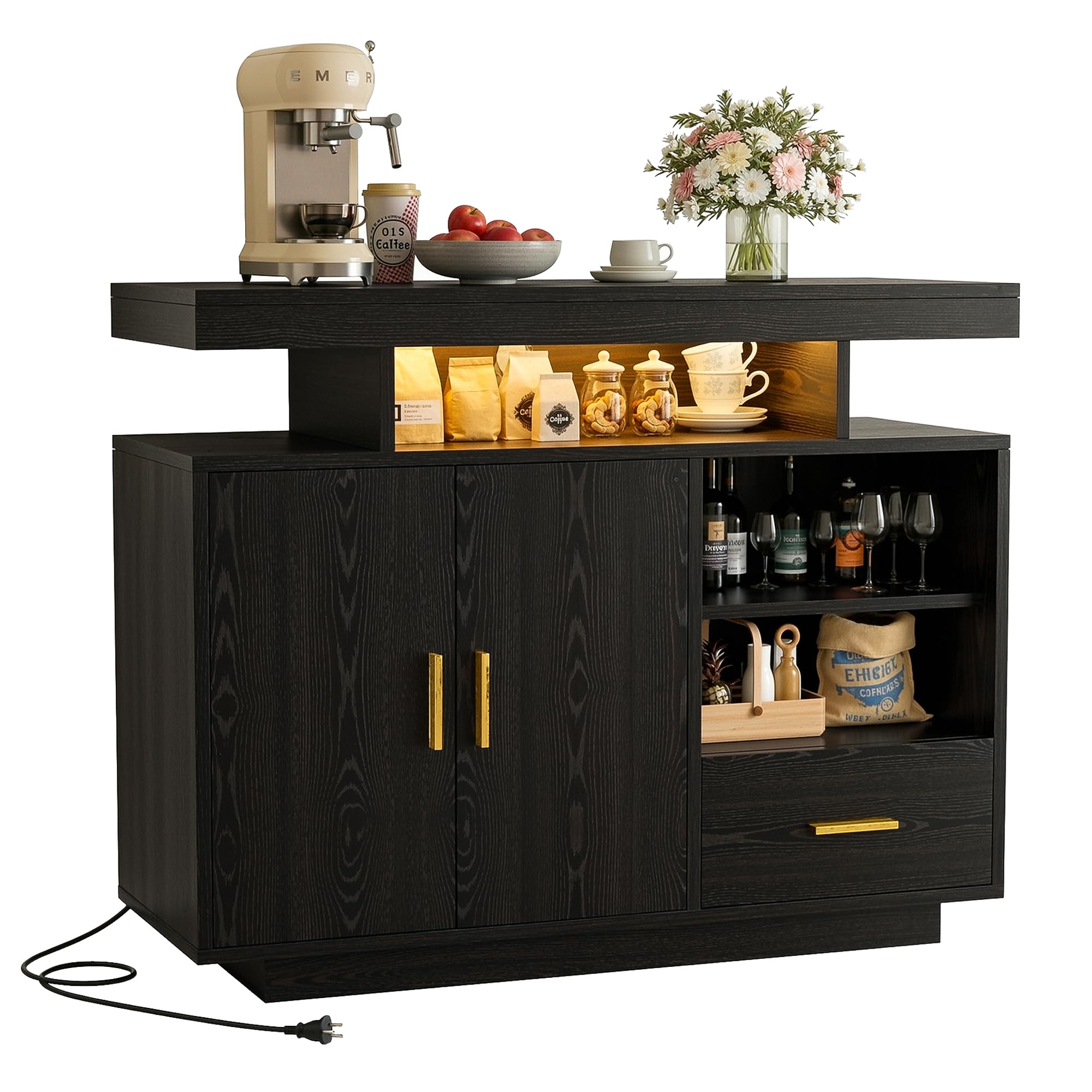 IRONCK Buffet Cabinet, Sideboard Cabinet with Power Outlet and LED Light, Modern Storage Cabinet with Drawer, Coffee Bar Cabinet with Doors and Shelves for Kitchen, Black